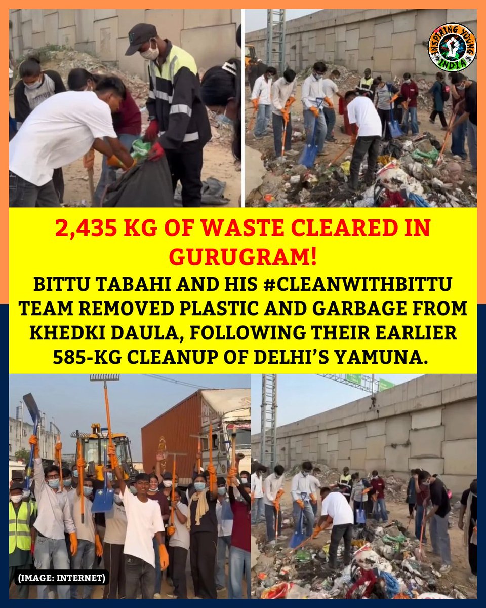 IYIndia's tweet photo. 🌍 2,435 KG OF WASTE CLEARED FROM GURUGRAM! 👏

Content creator Bittu Tabahi and his #CleanWithBittu team removed 2,435 kg of plastic and garbage from Khedki Daula, Gurugram. Earlier, the team had cleared 585 kg from Delhi’s Yamuna. ♻️❤️

#BittuTabahi #CleanWithBittu #Gurugram t https://t.co/XcNjWph9TT