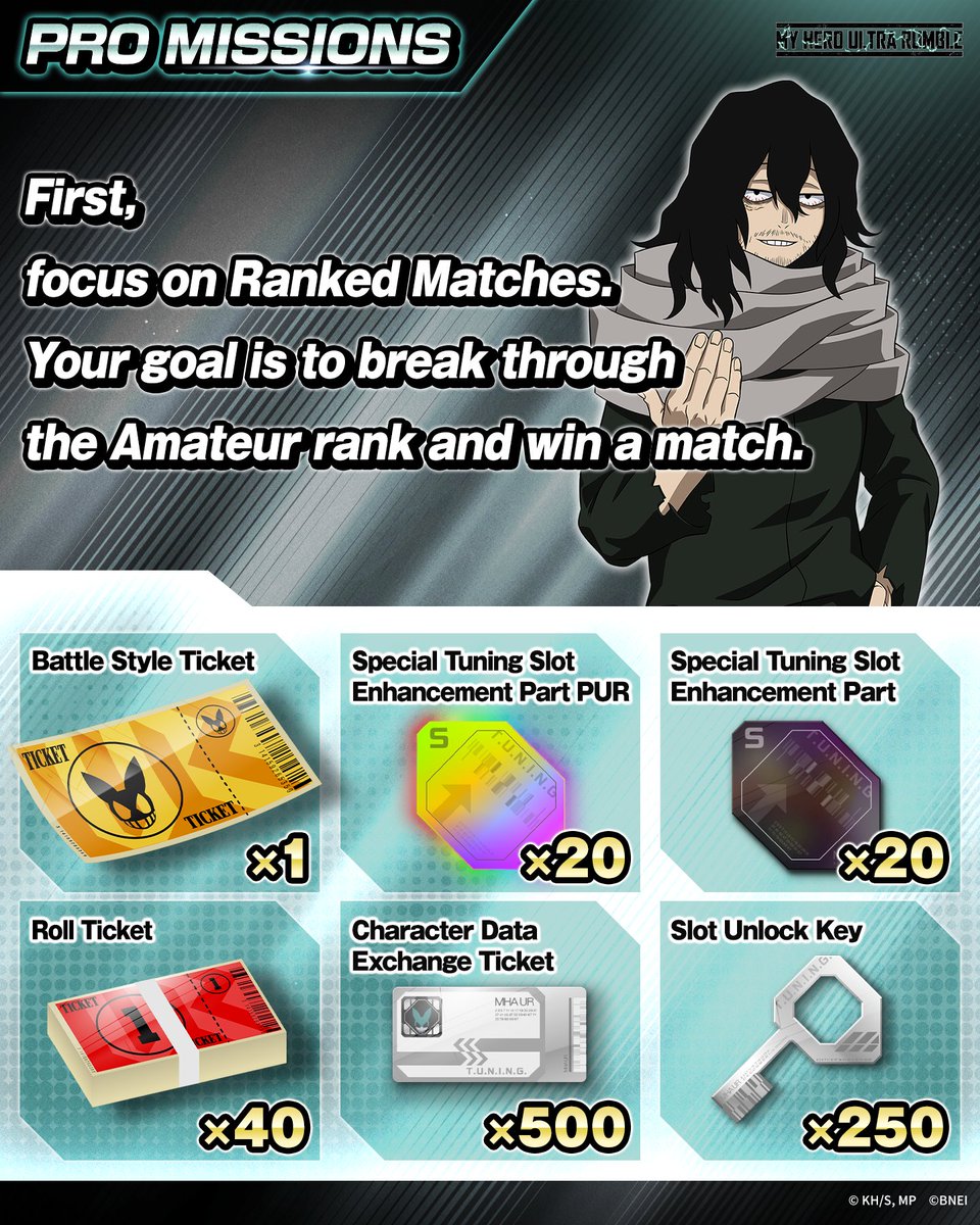 MyHeroUR's tweet photo. ◤▔▔▔▔▔▔▔▔▔▔▔▔▔▔◥
  Beyond The Beginner Missions
◣▁▁▁▁▁▁▁▁▁▁▁▁▁▁◢

From Season 19 onwards, clear all the Beginner Missions to unlock all-new Pro Missions!

By clearing Pro Missions, you can get Battle Style Tickets and other great rewards!

#MHUR https://t.co/FEDuxeWvIi