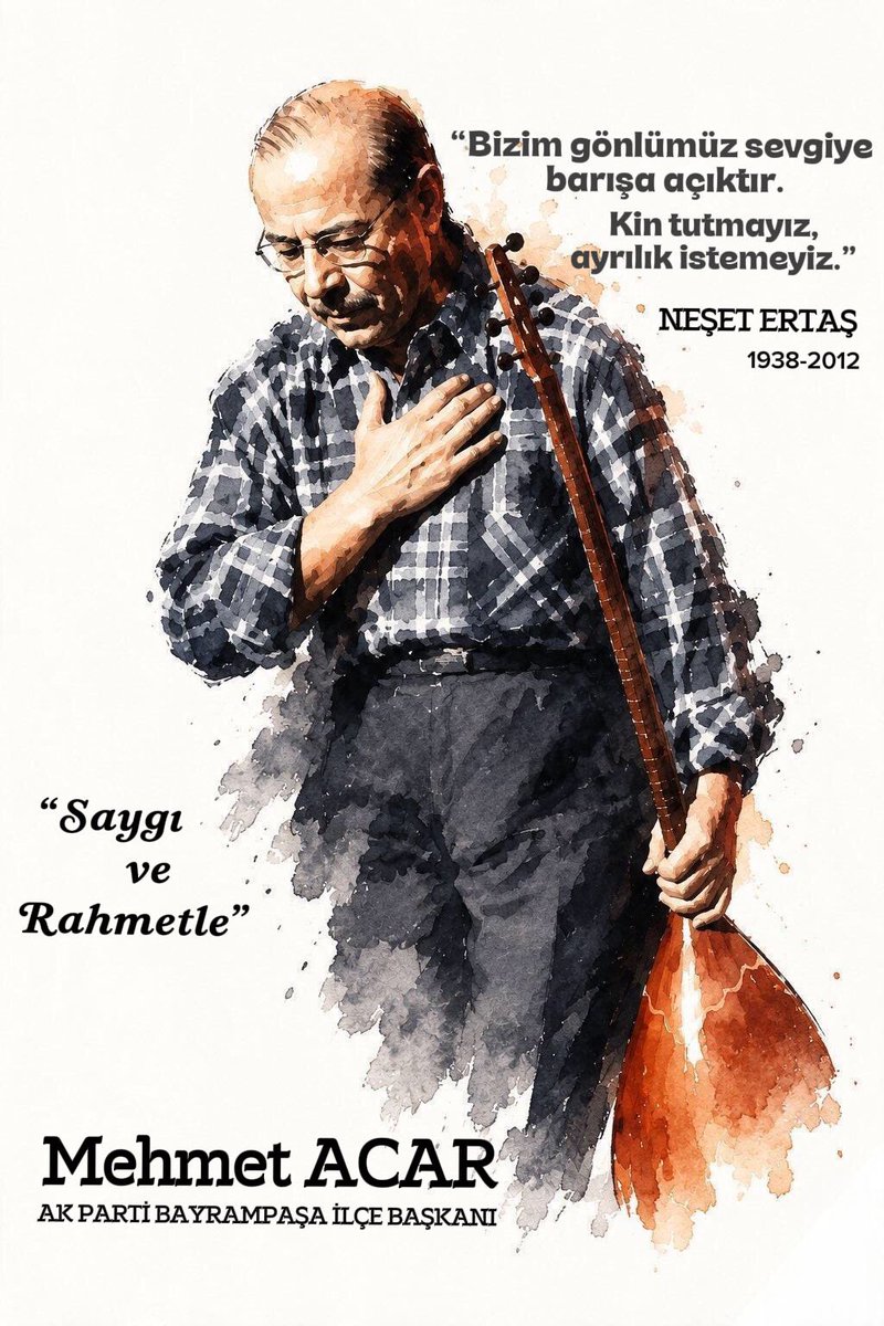 Mehmetacar53's tweet photo. "Bizim gönlümüz sevgiye, barışa açıktır; kin tutmayız, ayrılık istemeyiz."
Sazı ve sözüyle bu toprakların ortak vicdanı, bozkırın tezenesi büyük halk ozanımız Neşet Ertaş’ı, vefat yıl dönümünde rahmetle ve saygıyla anıyoruz. Ruhu şad, mekânı cennet olsun.
#NeşetErtaş 
@abdullahozdemir 
@akpartiistanbul
@Akparti