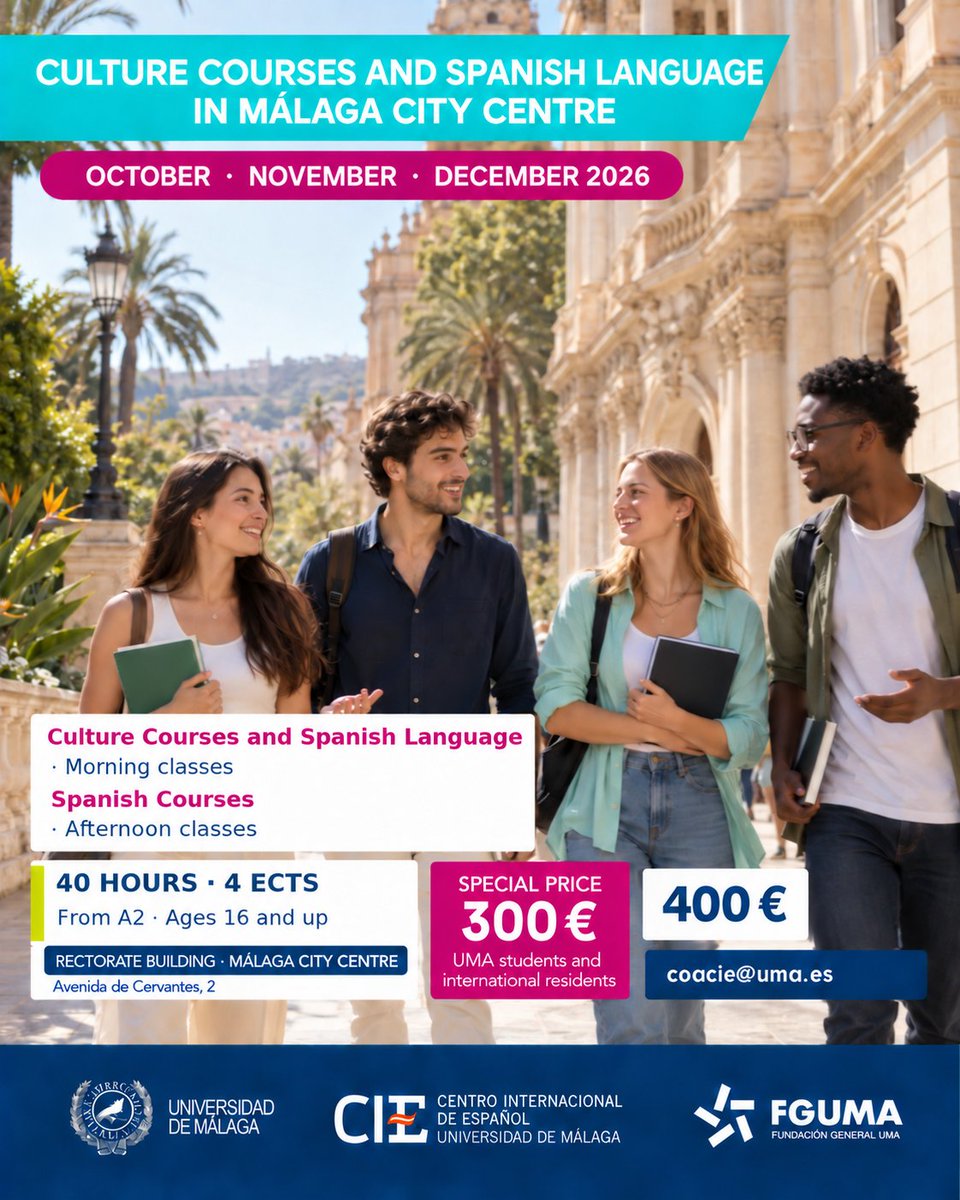 fguma's tweet photo. Anunciamos con @CIEUMA el primer Curso de Cultura y lengua española en el Rectorado de la
@InfoUMA en pleno centro histórico de la ciudad. 40 horas lectivas.  A partir de 16 años. Clases de prueba, escribe a coacie@uma.es https://t.co/DuAvNUrOde https://t.co/IGiKn4wTGt