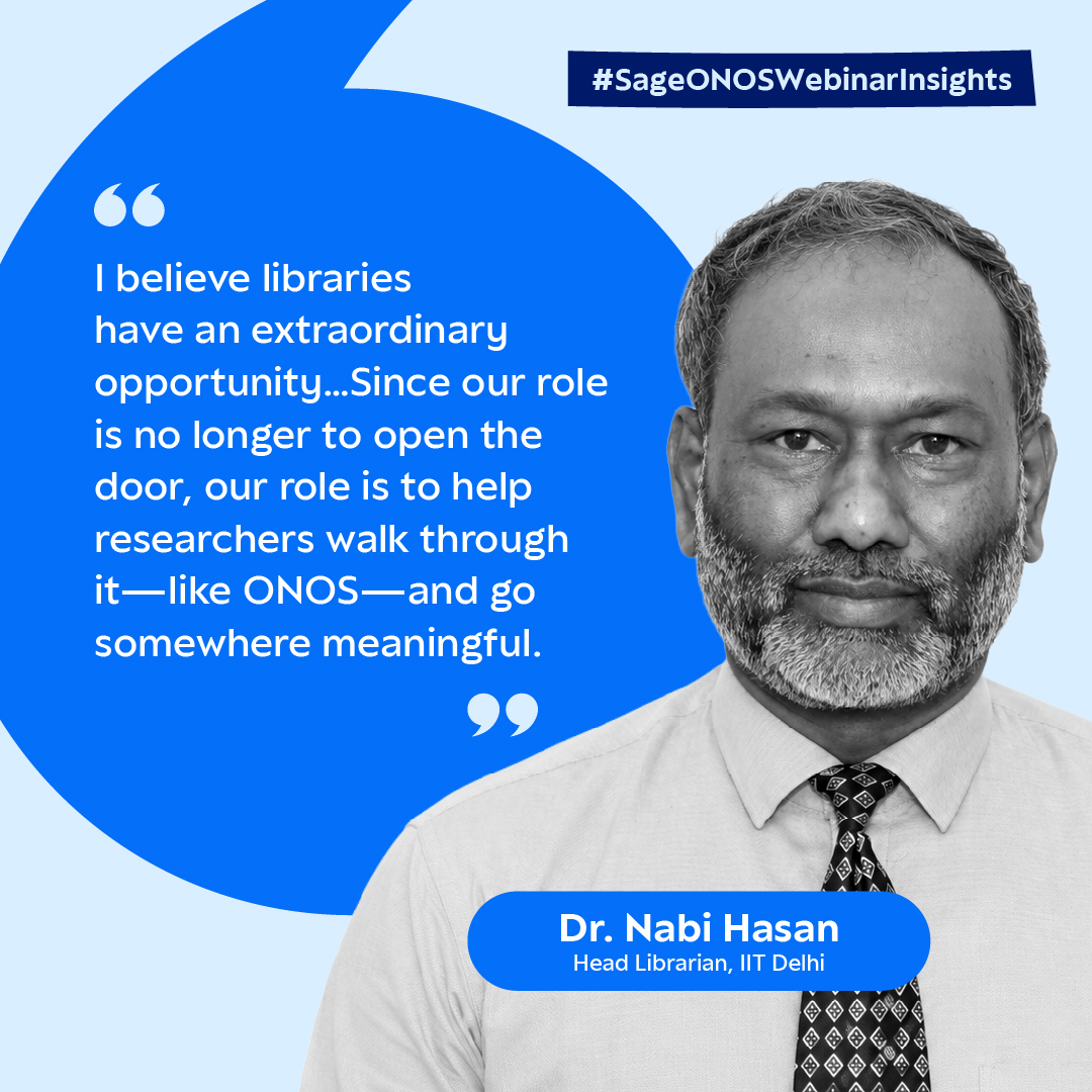 SagePubIndia's tweet photo. #ONOS has solved the #access problem. But the challenge of #research impact remains. This is where #libraries can play a major role, according to Dr. Nabi Hasan. 

Watch the webinar, “Driving Research Access through ONOS: The Role of Librarians” #webinar: https://t.co/BxjPy6Ey7B https://t.co/XwAYTVaul3
