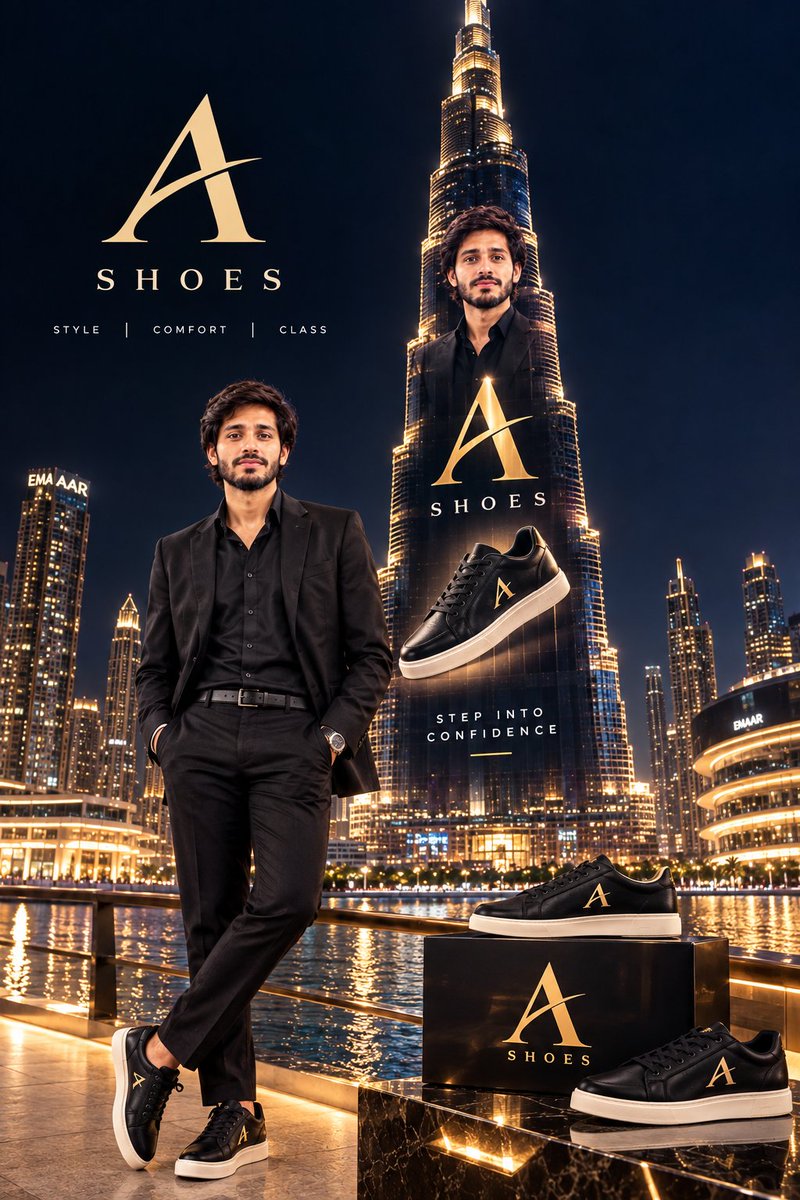 sajidsial50's tweet photo. : A SHOES — Luxury Footwear
Prompt:
“Create a premium luxury shoe advertisement for A SHOES, featuring my photo as the main model wearing stylish black A SHOES sneakers. Show the Burj Khalifa at night with a giant A SHOES advertisement on the building, elegant black-and-gold them https://t.co/ElJaEs6AV3