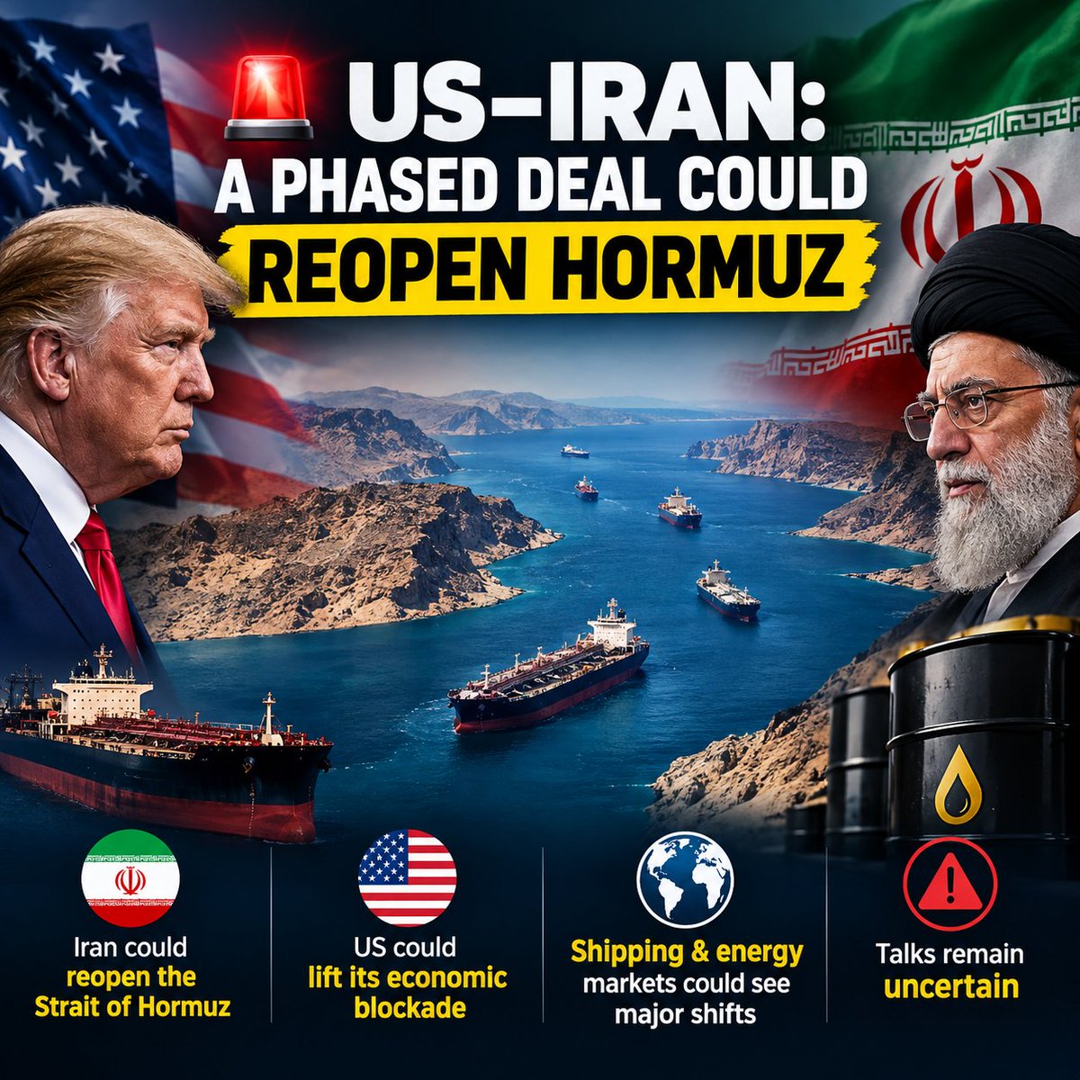 TheRoushanGold's tweet photo. 🚨 US–IRAN: A PHASED DEAL COULD REOPEN HORMUZ

🇺🇸🇮🇷 Washington and Tehran are reportedly exploring a phased path to de-escalation:

• 🇮🇷 Iran could reopen the Strait of Hormuz
• ��🇸 US could lift its economic blockade
• 🌍 Shipping and energy markets could see major shifts
⚠️ Talks remain uncertain, with both sides seeking to preserve negotiating leverage.
#Iran #USA #Hormuz #Oil #Geopolitics #Markets