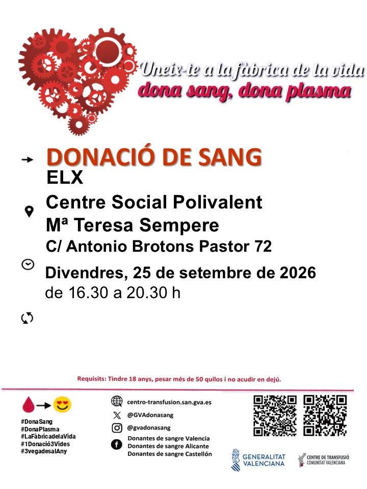 GVAdonasang's tweet photo. Donació de sang a #Elx
📆Divendres #25setembre
🩸Les donacions de sang són imprescindibles tots els dies als hospitals🏥No esperes a una situació d'emergència, dona amb regularitat👍
#CompartixVida

#DonaSang
Uneix-te a #laFàbricadelavida❤️ https://t.co/GuPeTAk0ON