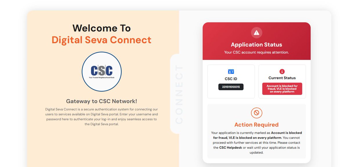 mali_jayvant's tweet photo. My CSC ID has been blocked without any explanation regarding the nature of the alleged fraud; please provide a clarification. Even though I raised a ticket with CSC, my ID has been blocked.  CSC I'D -231511510015
@CSCegov_  @CSCMaharashtra @CSCegov @PMOIndia https://t.co/gTyFwJAwHJ