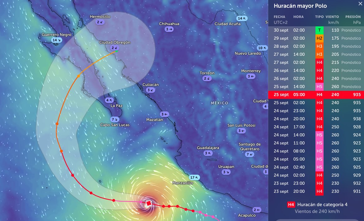 EscribaDiurno's tweet photo. 🌀 Polo continúa como huracán de categoría 4 (240 km/h). El pronóstico de esta imagen contempla un posible reforzamiento a categoría 5 hoy, su persistencia como huracán mayor durante el fin de semana y su acercamiento a Baja California Sur a inicios de la próxima semana, ya con menor intensidad. 
Se sugiere seguir los boletines oficiales del SMN y el NHC. 
Imagen: Zoom Earth.