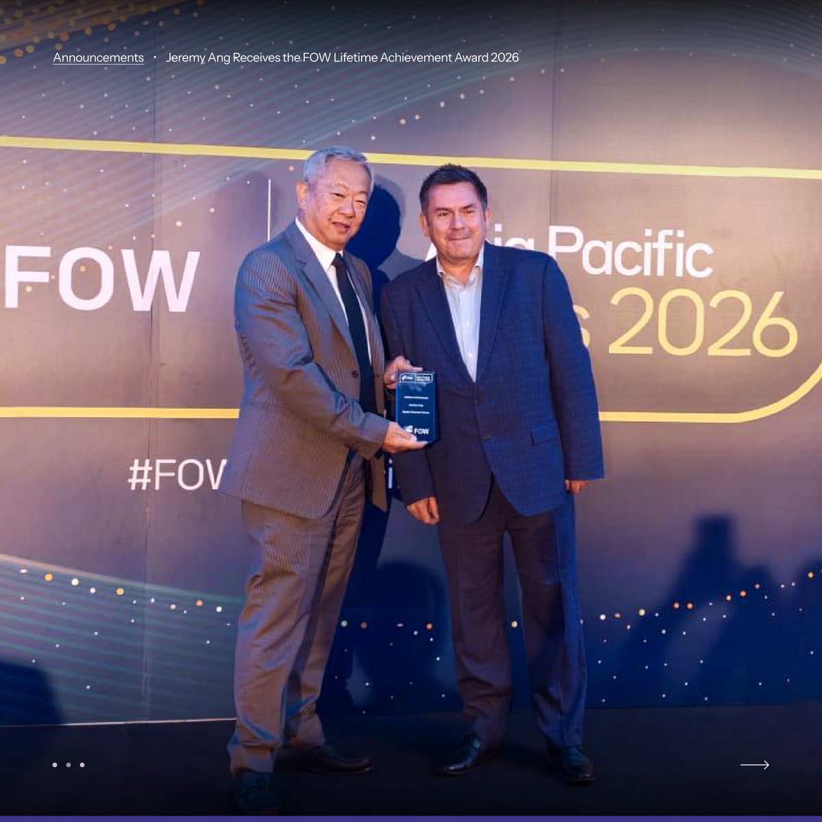 StraitsFinance's tweet photo. Congratulations to Jeremy Ang, Group CEO of Straits Financial Group, on receiving the FOW Lifetime Achievement Award at the FOW Asia Pacific Awards 2026.

We are proud to celebrate this honour, a fitting tribute to his many years of contribution to the industry. Well deserved, Jeremy Ang.

Learn more https://t.co/vxEvDjvNLW

#StraitsFinancialGroup #FOWAwards2026 #LifetimeAchievementAward