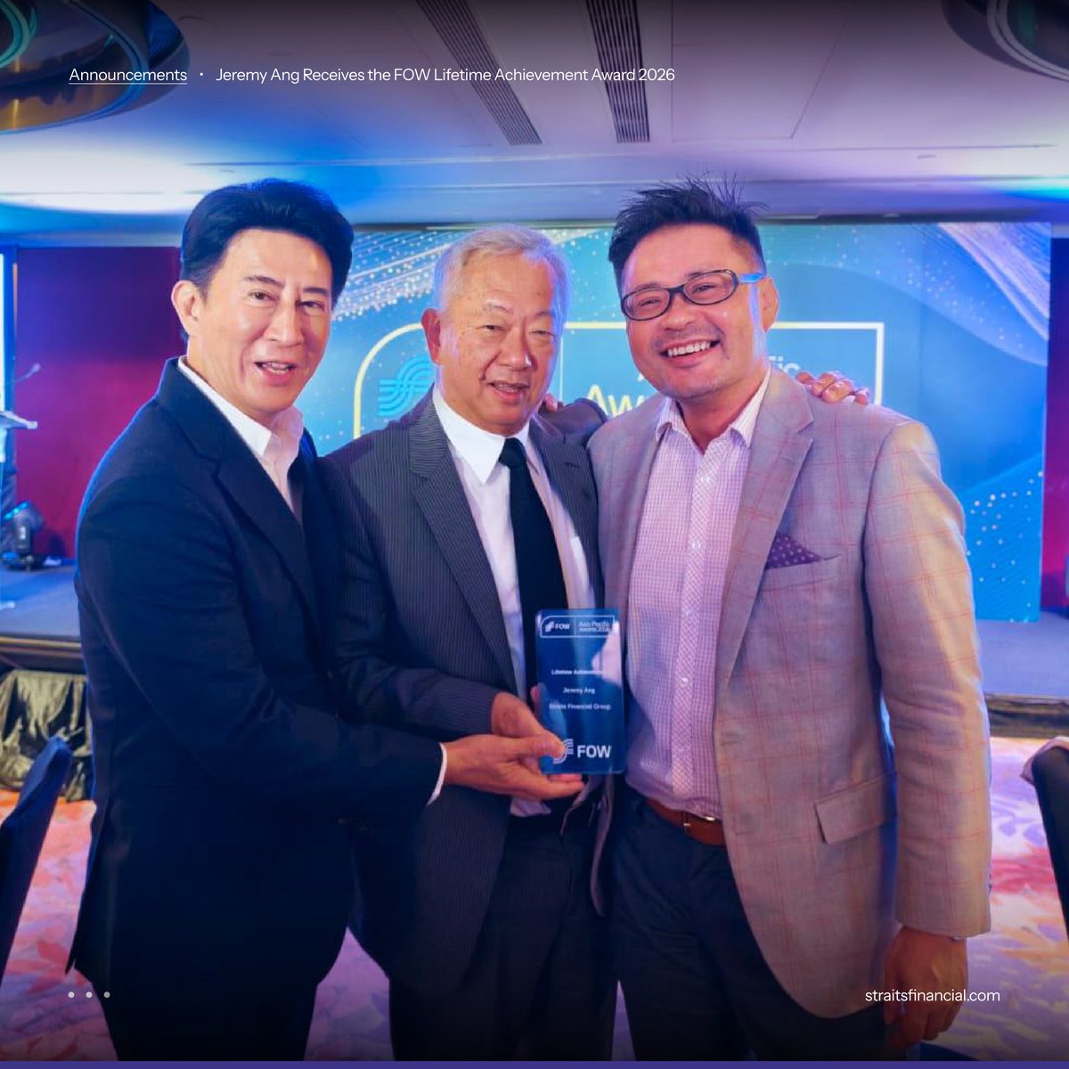 StraitsFinance's tweet photo. Congratulations to Jeremy Ang, Group CEO of Straits Financial Group, on receiving the FOW Lifetime Achievement Award at the FOW Asia Pacific Awards 2026.

We are proud to celebrate this honour, a fitting tribute to his many years of contribution to the industry. Well deserved, Jeremy Ang.

Learn more https://t.co/vxEvDjvNLW

#StraitsFinancialGroup #FOWAwards2026 #LifetimeAchievementAward