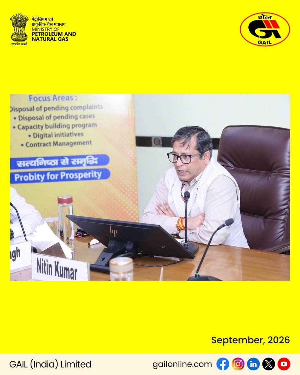 gailindia's tweet photo. In pursuance of the directives of the Central Vigilance Commission (CVC) for the observance of Preventive Vigilance Campaign 2026, being conducted from 16 August to 15 November 2026 under the theme “सत्यनिष्ठा से समृद्धि / Probity for Prosperity,” a Vigilance Awareness Session was organized at GAIL Training Institute (GTI), Noida on 22 September 2026. The session was addressed by Shri Nitin Kumar, Joint Secretary, CVC, and witnessed enthusiastic participation from GAIL Officers through both physical and virtual modes. The programme aimed at reinforcing the principles of preventive vigilance and strengthening vigilance mechanisms across the organization.

At the outset, Shri Rajnesh Singh, Chief Vigilance Officer (CVO), GAIL, highlighted the significance of the campaign theme in the present business environment. He underscored the pivotal role of Preventive Vigilance in promoting transparency, accountability, integrity, and ethical conduct across all organizational processes.

During his insightful address and presentation on Preventive Vigilance, Shri Nitin Kumar elaborated on the genesis, mandate, and evolving role of the Central Vigilance Commission in promoting integrity within public sector organizations. He emphasized the transformative role of Information Technology and digital governance tools in combating corruption, minimizing discretionary decision-making, enhancing transparency, and addressing potential conflicts of interest in vulnerable operational areas. He highlighted how technology-driven processes, automation, and system-based controls serve as effective enablers for strengthening organizational integrity and reducing opportunities for malpractices.

Shri Nitin Kumar further emphasized the necessity of identifying and addressing systemic deficiencies through continuous analysis of complaints, audit observations, surprise inspections, and system-generated red flags. He highlighted that effective preventive vigilance requires organizations to focus not only on detecting irregularities but also on rectifying process vulnerabilities and strengthening internal controls to prevent recurrence of such issues.

A key highlight of the programme was the inauguration and screening of three in-house Vigilance Case Study Videos developed by the Corporate Vigilance Department, GAIL. Based on practical business scenarios, these videos are designed to enhance awareness and facilitate better understanding of preventive vigilance concepts and their application in day-to-day decision-making.

The session also featured a presentation by Shri Rajiv Arora, General Manager (BIS), on “Digital Initiatives in GAIL” He showcased various digital interventions, technology-enabled systems, and innovative practices implemented within GAIL to enhance transparency, improve process efficiency, strengthen monitoring mechanisms, and promote ethical governance. The presentation demonstrated how digital transformation initiatives can serve as powerful tools in advancing the objectives of preventive vigilance and organizational excellence.
The session was concluded with Vote of thanks by Shri S D Sharma, CGM (Vigilance).

@HardeepSPuri @TheSureshGopi @neerajmittalias @Secretary_MoPNG @PetroleumMin @CMD_GAIL 

#GAILIndia #VigilanceAwareness #WahKyaEnergyHai #EnergizingPossibilities