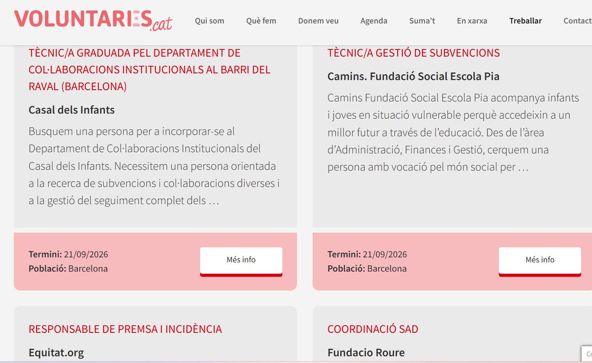 voluntaris_cat's tweet photo. Busques feina?
‼️@cpsfpalau @aeitaca @CaminsFundacio @cjbcn @casalinfants i @equitatorg són algunes de les entitats que busquen persones per incorporar-se a les seves plantilles.
Entra a l'espai de la #FCVS i troba la teva oportunitat!
#feina
👉https://t.co/nayygBl5D4 https://t.co/cAoePzbRRt