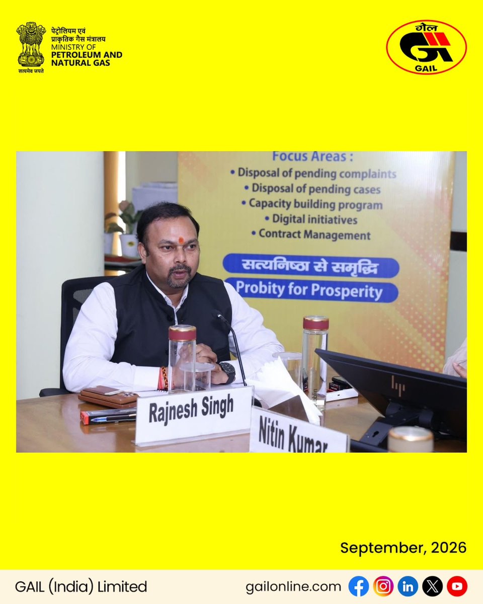 gailindia's tweet photo. In pursuance of the directives of the Central Vigilance Commission (CVC) for the observance of Preventive Vigilance Campaign 2026, being conducted from 16 August to 15 November 2026 under the theme “सत्यनिष्ठा से समृद्धि / Probity for Prosperity,” a Vigilance Awareness Session was organized at GAIL Training Institute (GTI), Noida on 22 September 2026. The session was addressed by Shri Nitin Kumar, Joint Secretary, CVC, and witnessed enthusiastic participation from GAIL Officers through both physical and virtual modes. The programme aimed at reinforcing the principles of preventive vigilance and strengthening vigilance mechanisms across the organization.

At the outset, Shri Rajnesh Singh, Chief Vigilance Officer (CVO), GAIL, highlighted the significance of the campaign theme in the present business environment. He underscored the pivotal role of Preventive Vigilance in promoting transparency, accountability, integrity, and ethical conduct across all organizational processes.

During his insightful address and presentation on Preventive Vigilance, Shri Nitin Kumar elaborated on the genesis, mandate, and evolving role of the Central Vigilance Commission in promoting integrity within public sector organizations. He emphasized the transformative role of Information Technology and digital governance tools in combating corruption, minimizing discretionary decision-making, enhancing transparency, and addressing potential conflicts of interest in vulnerable operational areas. He highlighted how technology-driven processes, automation, and system-based controls serve as effective enablers for strengthening organizational integrity and reducing opportunities for malpractices.

Shri Nitin Kumar further emphasized the necessity of identifying and addressing systemic deficiencies through continuous analysis of complaints, audit observations, surprise inspections, and system-generated red flags. He highlighted that effective preventive vigilance requires organizations to focus not only on detecting irregularities but also on rectifying process vulnerabilities and strengthening internal controls to prevent recurrence of such issues.

A key highlight of the programme was the inauguration and screening of three in-house Vigilance Case Study Videos developed by the Corporate Vigilance Department, GAIL. Based on practical business scenarios, these videos are designed to enhance awareness and facilitate better understanding of preventive vigilance concepts and their application in day-to-day decision-making.

The session also featured a presentation by Shri Rajiv Arora, General Manager (BIS), on “Digital Initiatives in GAIL” He showcased various digital interventions, technology-enabled systems, and innovative practices implemented within GAIL to enhance transparency, improve process efficiency, strengthen monitoring mechanisms, and promote ethical governance. The presentation demonstrated how digital transformation initiatives can serve as powerful tools in advancing the objectives of preventive vigilance and organizational excellence.
The session was concluded with Vote of thanks by Shri S D Sharma, CGM (Vigilance).

@HardeepSPuri @TheSureshGopi @neerajmittalias @Secretary_MoPNG @PetroleumMin @CMD_GAIL 

#GAILIndia #VigilanceAwareness #WahKyaEnergyHai #EnergizingPossibilities