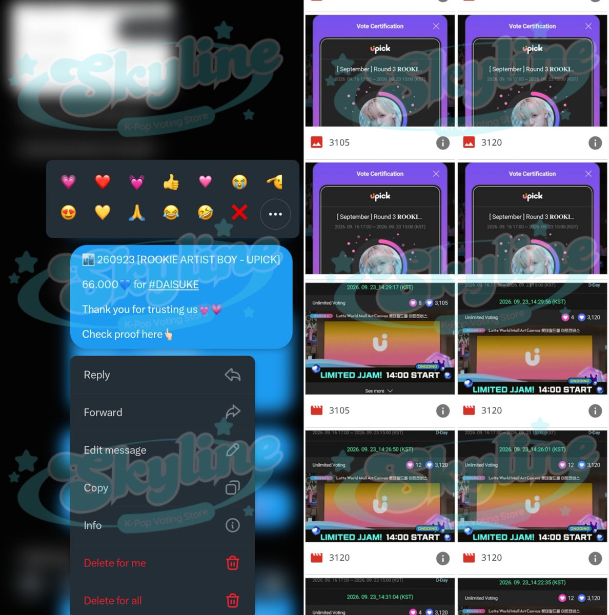 skylinevote's tweet photo. Thank you @_jeongwooverse  💓 for purchase Upick Blue Jams at skyline🏙️ 

66.000💙 Jams for #DAISUKE

[September] Round 3 Rookie Artist Boy (UPICK) ✅ 

#skylineproofs https://t.co/Dh6JRH1dtM