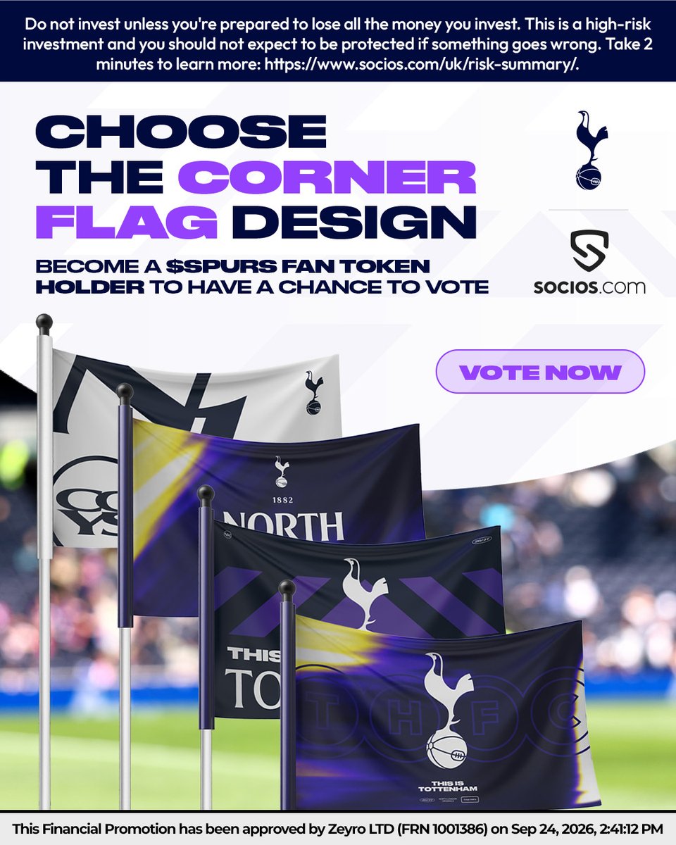 SpursOfficial's tweet photo. Which flag should fly at @SpursStadium?

Become a $SPURS Fan Token holder with @socios and have your say 🗳️

Vote now and help choose the new corner flag design.

🔗 https://t.co/wgyJ1qrnvK https://t.co/iXJ9WbHO1e
