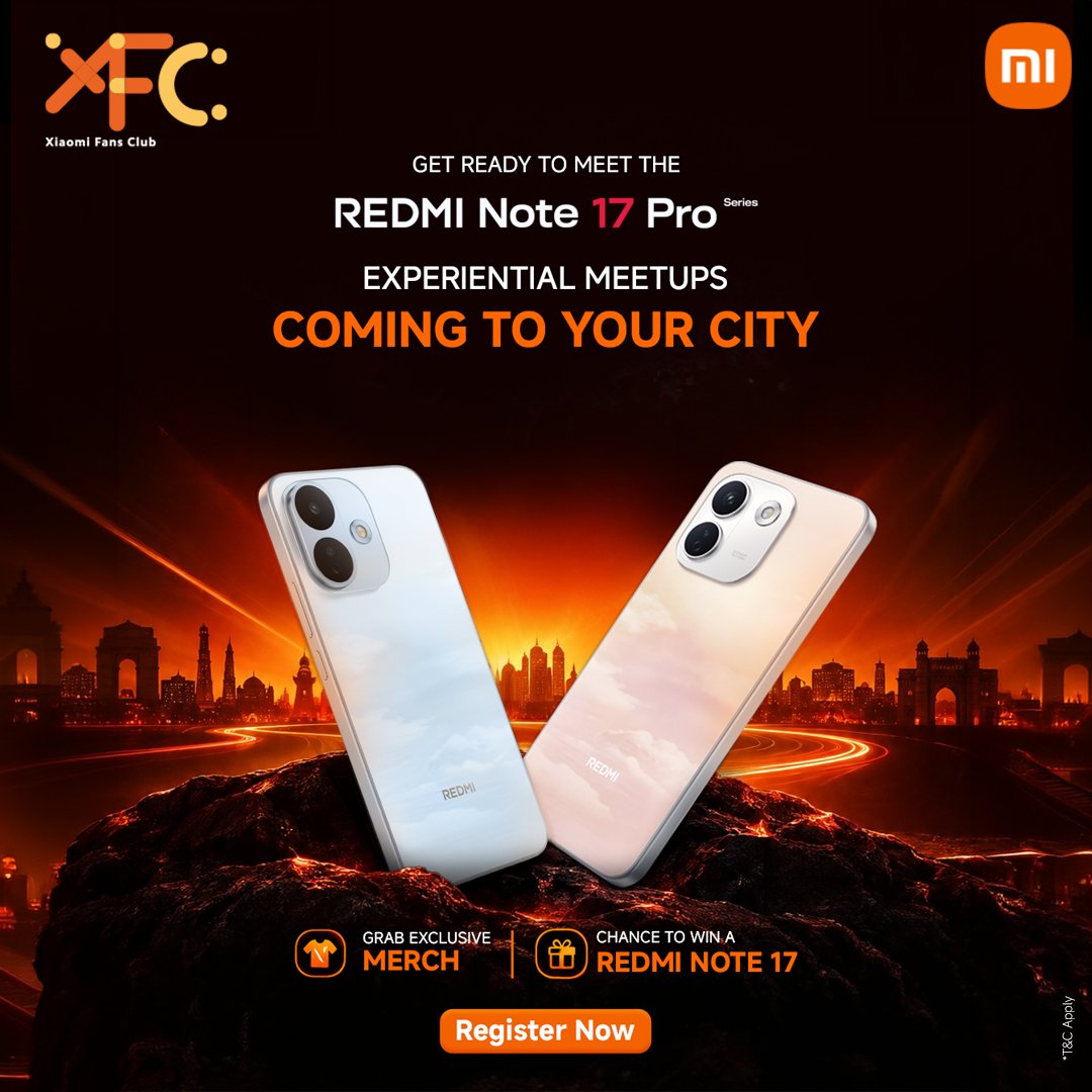 RedmiIndia's tweet photo. Xiaomi Fans, the #REDMINote17ProSeries Experiential Meetups are coming to your city.

Hands-on time with the new device, exclusive merch up for grabs, and a chance to win a #REDMINote17.

#XiaomiFansClub
Register now: https://t.co/xGJkEMFm66 https://t.co/GKnVjWcK2k
