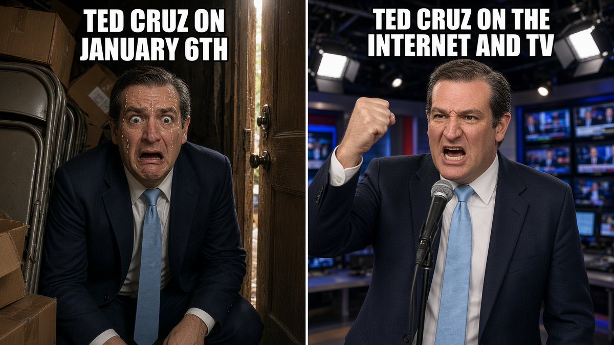 DonJrisafag's tweet photo. @tedcruz When someone tells you who they are, believe them.

Ted Coup hid in a closet scared for his life on January 6th… fled to Mexico during the Texas freeze disaster… but acts tough for the cameras and social media. https://t.co/9BMClw0UBZ