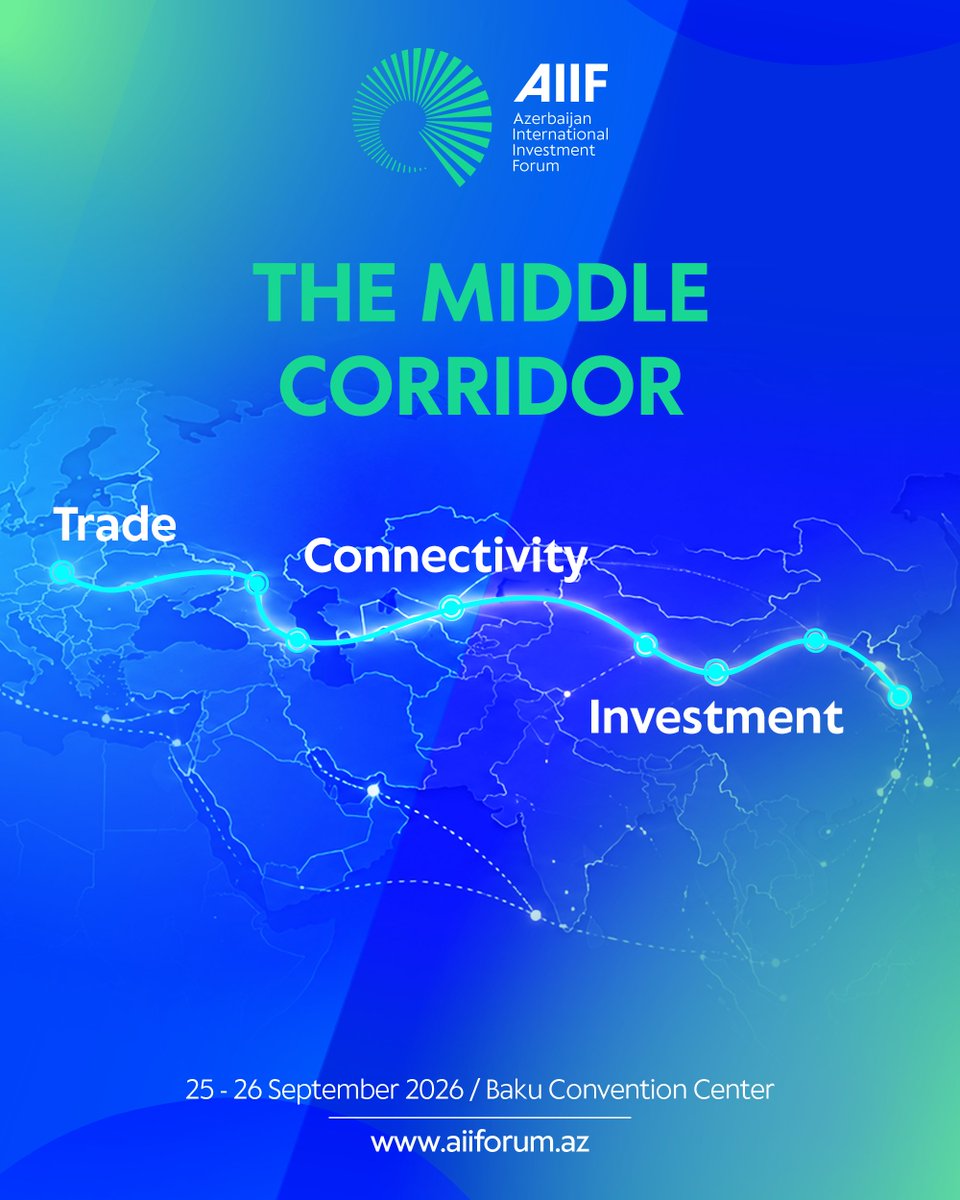 aiiforum_az's tweet photo. Connectivity creates economic opportunity.

The Middle Corridor will be one of the main topics of discussion at AIIF 2026 as one of the key routes in the development of trade and logistics relations between Europe and Asia.

Transport infrastructure, trade routes, regional connectivity and new investment opportunities will be discussed within the forum.

The future of connectivity is also the future of investment.

#AIIF2026 #Azerbaijan #Investment