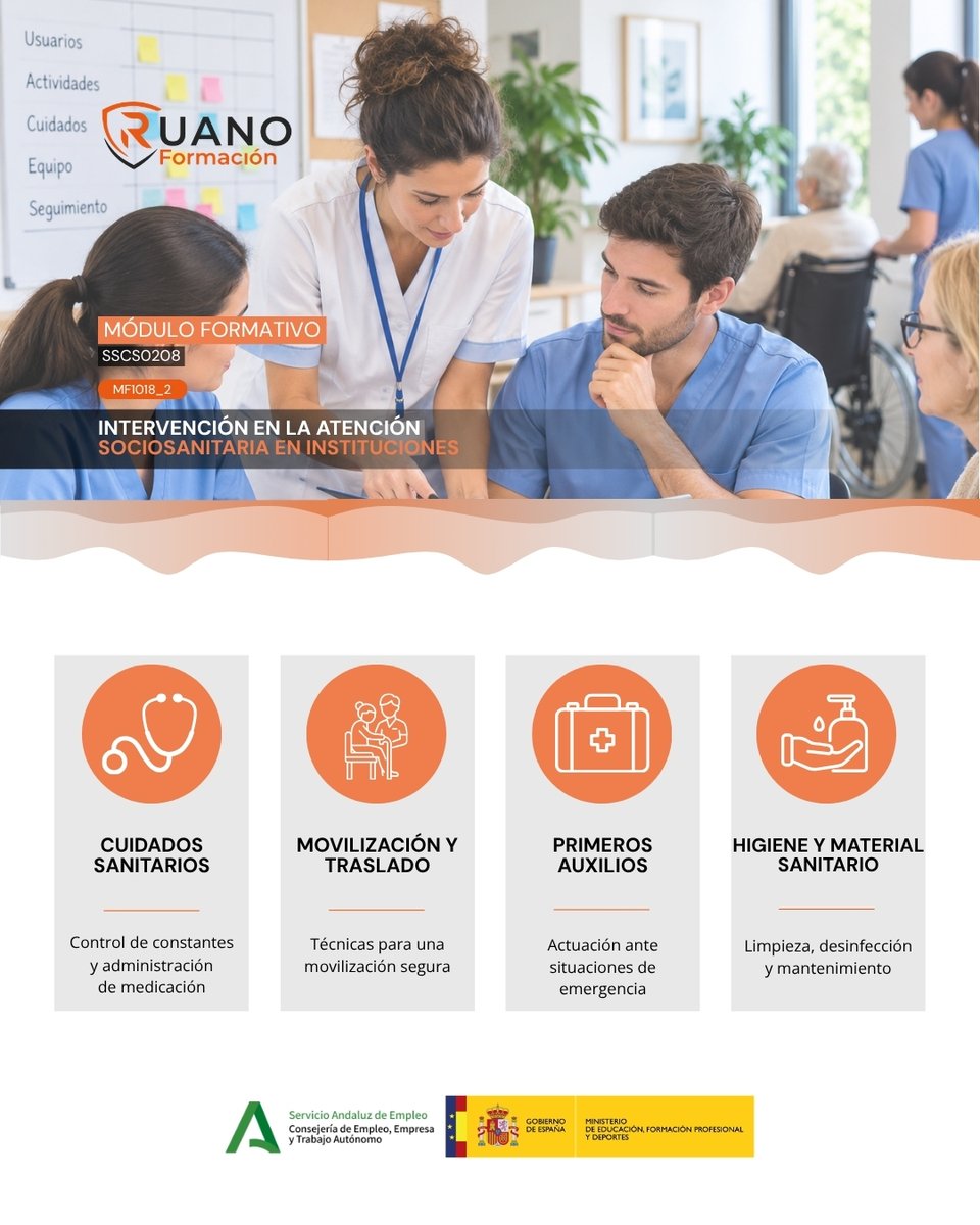RuanoFormacion's tweet photo. MF1018_2 | Intervención en la atención sociosanitaria en instituciones. ¿Qué trabajarás?

· Cuidados sanitarios
· Movilización y traslado
· Primeros auxilios
· Higiene y material sanitario

Teleformación tutorizada + examen presencial.

#SSCS0208 #MF1018_2 #RuanoFormación https://t.co/jPVIgDvHz3