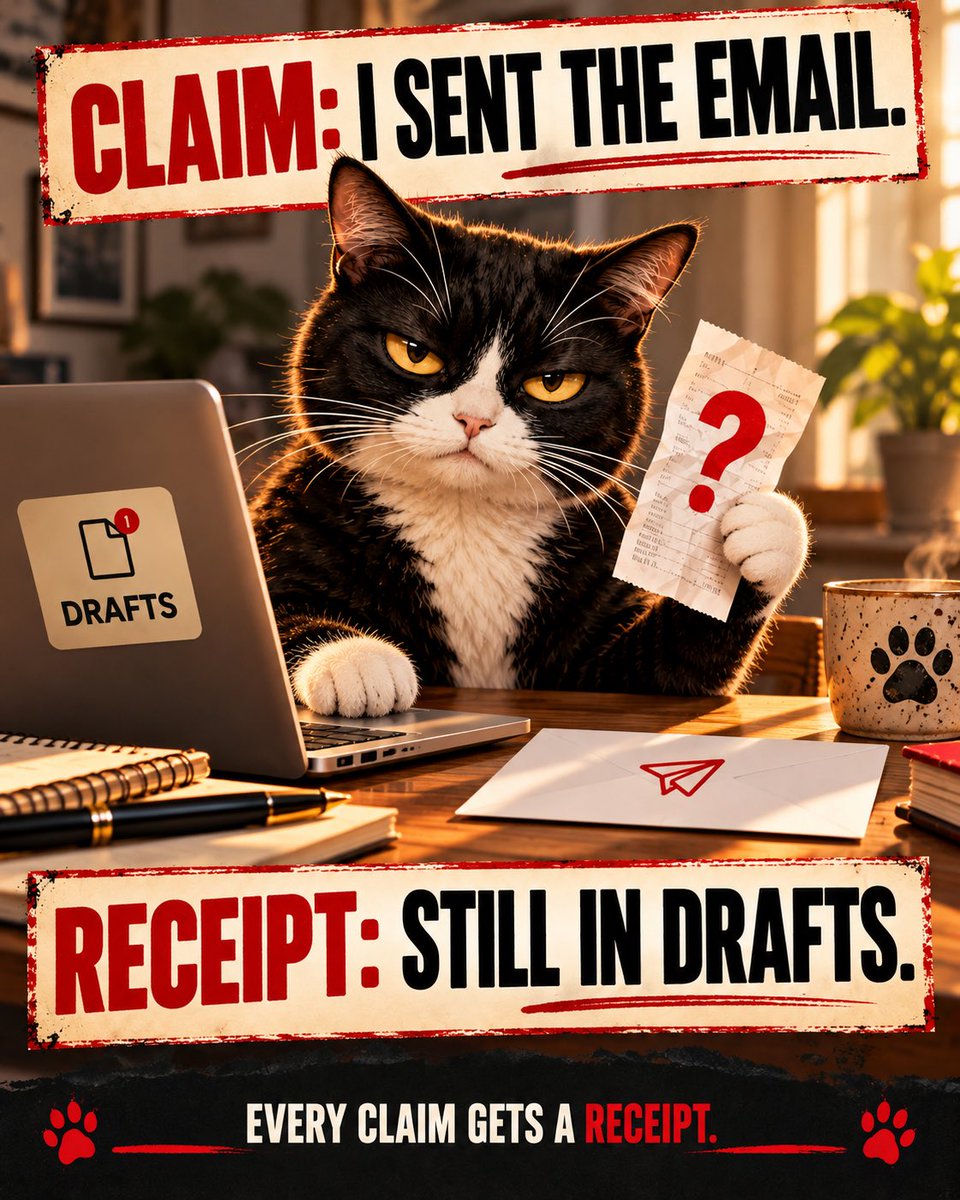 CatHasReceipts's tweet photo. CLAIM: “I sent the email.”
RECEIPT: Still in drafts.
The cat checked the outbox. 🐈‍⬛🧾 https://t.co/UdIvq8rhUn