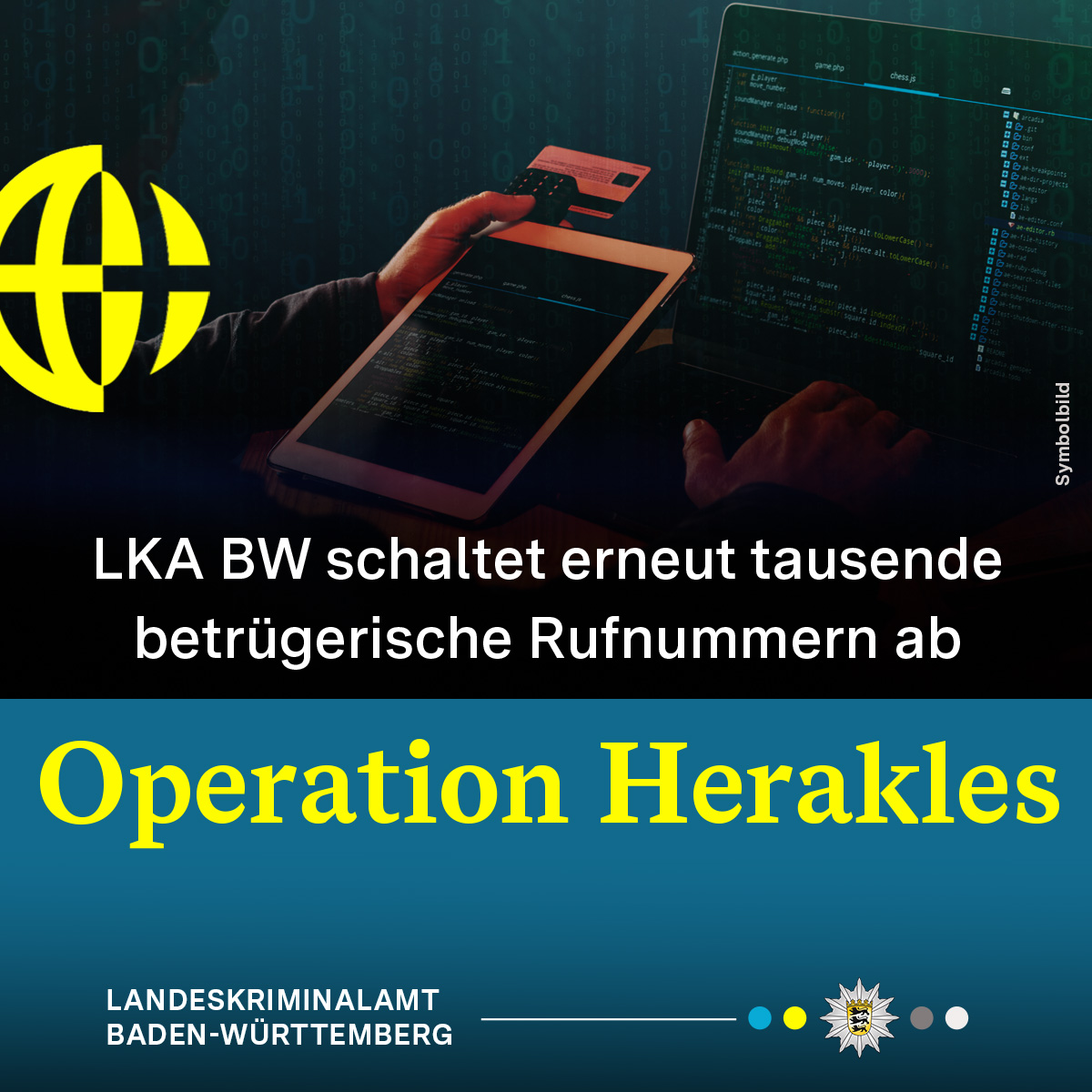 LkaBaWue's tweet photo. #CyberTradingFraud Im Zuge der "Operation Herakles" als Teil der groß angelegten Anti-Scam-Strategie vom Cybercrime-Zentrum BW und dem LKA BW ist es gelungen, 9.304 deutsche Rufnummern vom Netz zu nehmen.
Zur PM ▶️ https://t.co/Zni8uABdBD
Euer #LKABW #BereitfürSicherheit https://t.co/Ue6jo3raMP