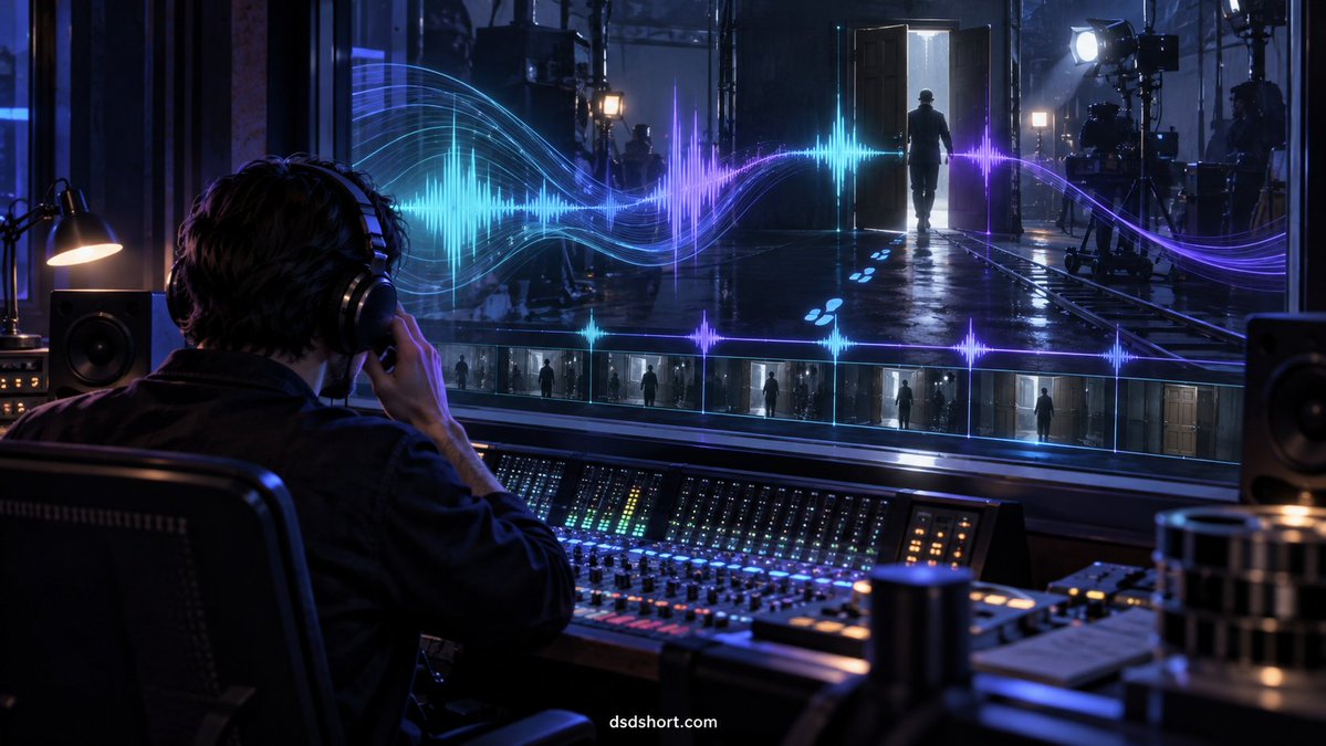 DSDAIFactory's tweet photo. 做 AI 视频时，声音不该等到画面完成后再补。

先确定环境声、动作声和情绪节拍，镜头长度才有依据：脚步停在哪里、门何时关上、音乐在哪一秒转折。

把声音线索提前写进分镜，画面的节奏会更自然。

#AI视频 #AI短剧 #声音设计 https://t.co/Rqk0mlr3Ac