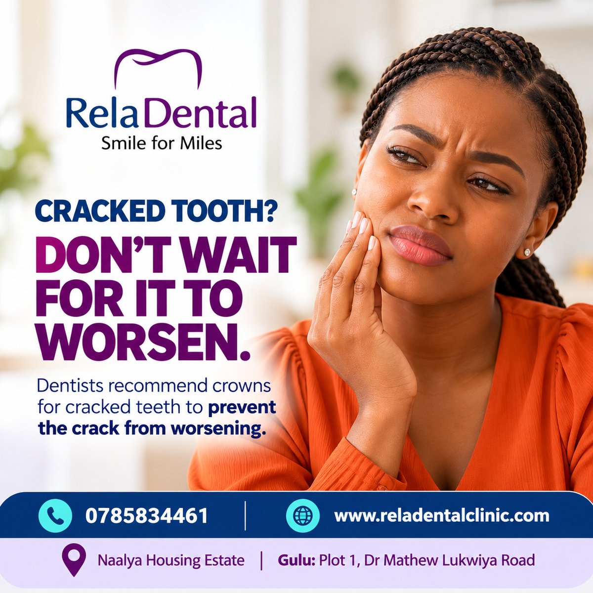 Reladental's tweet photo. You were playing football without a #mouthguard. Maybe you were chewing something hard. Or perhaps you simply don’t know how it happened. Now you have a #crackedmolar. Can your #dentist save the #tooth? Sometimes, but it depends on the crack. https://t.co/9SJmYXVAli