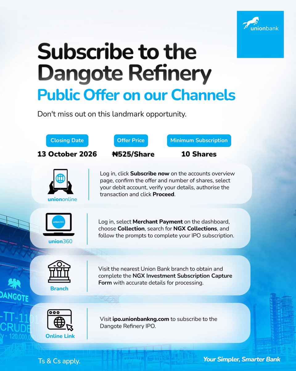 UBNHelpDesk's tweet photo. Don’t miss out on becoming a shareholder in the Dangote Refinery! 

The Public Offer is still open.

Closing Date: 13 October 2026

Subscribe now via UnionOnline, Union360, your nearest Union Bank branch, or visit https://t.co/67JKuOHc5l.

Terms and conditions apply. https://t.co/Gv8KpLHA8Z