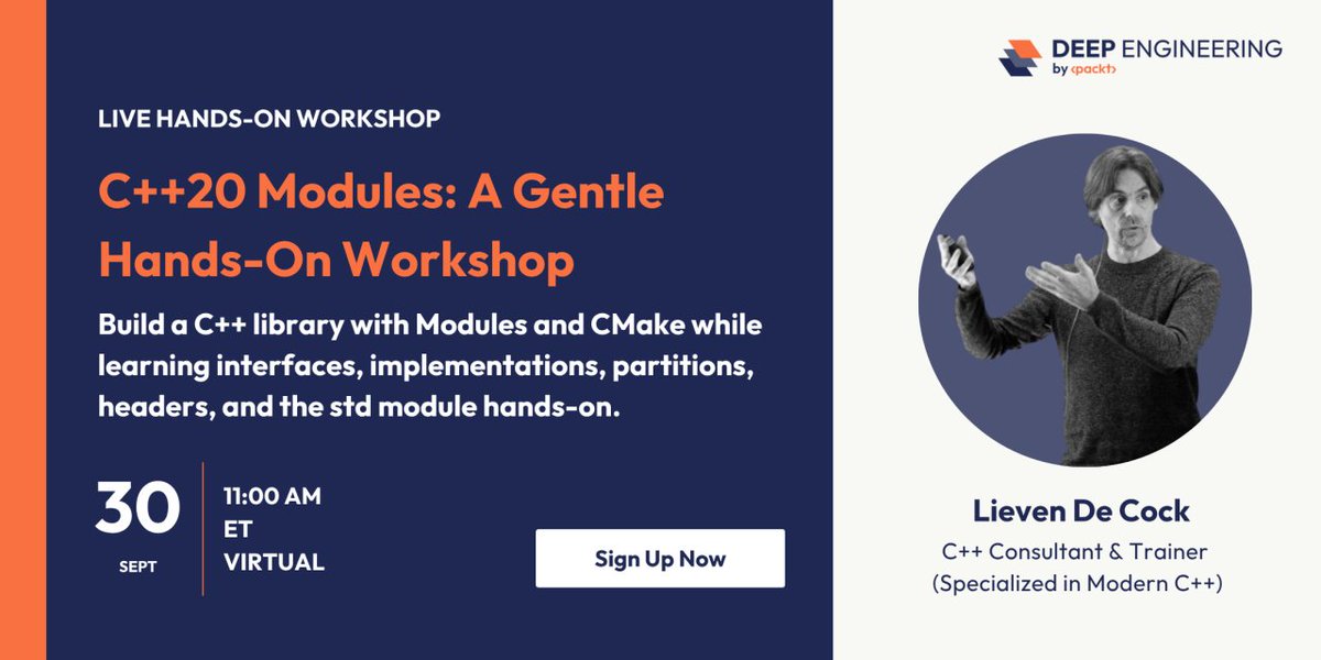 fbuontempo's tweet photo. Lieven De Cock's new workshop “C++20 Modules: A Gentle Hands-On Workshop” is next week: https://t.co/N14U99HhI4

Learn how to build and structure a modular C++ project using C++20 Modules and CMake, with minimal slides and plenty of hands-on coding. https://t.co/42oJU4jUXW