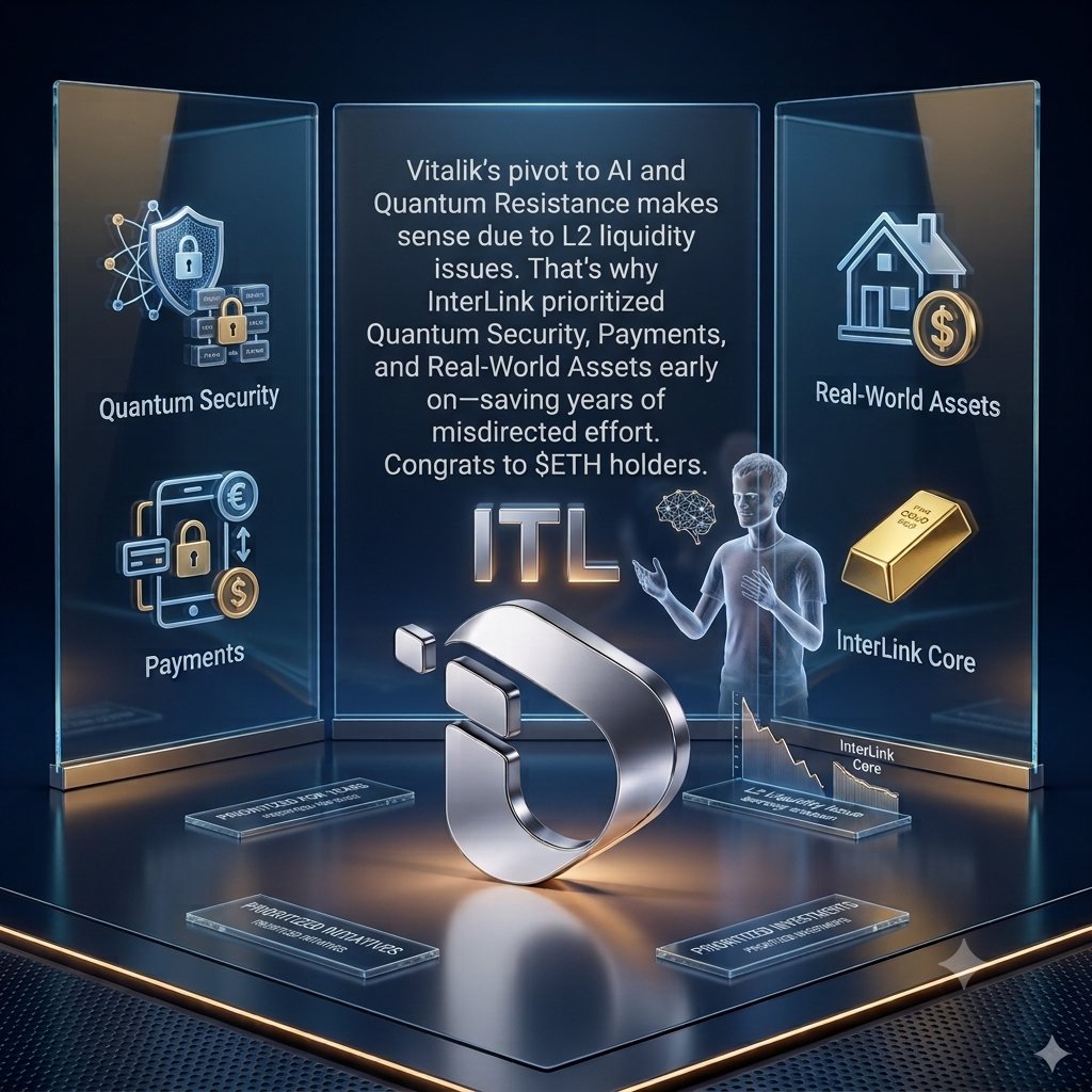 HRIDOYInteo4r5's tweet photo. Vitalik’s pivot to AI and quantum resistance over L2s makes sense given L2 liquidity issues. That’s why InterLink prioritized quantum security, payments, and real-world assets early on—saving years of misdirected effort. Congrats to $ETH holders. https://t.co/SV3gZ7RRIt