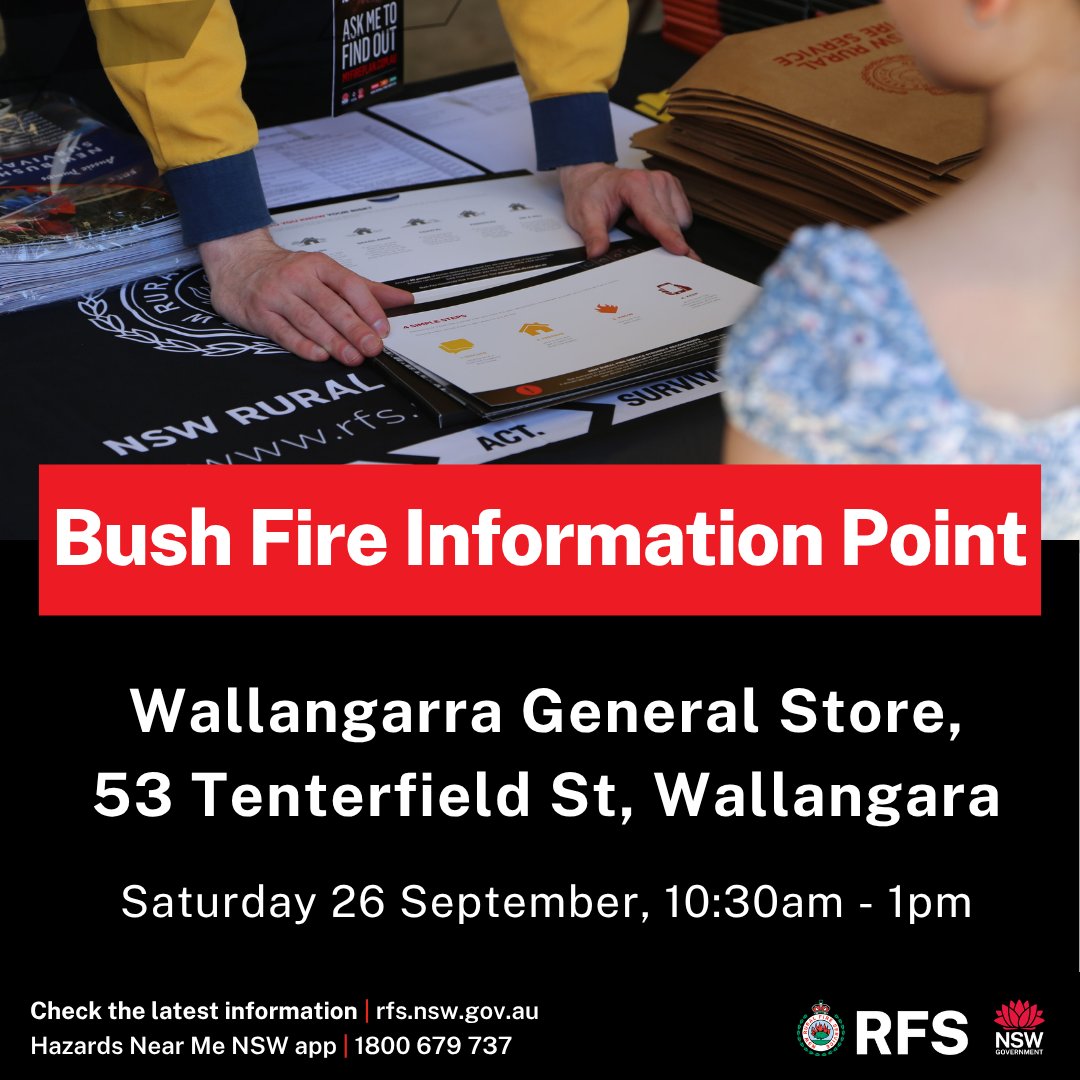 NSWRFS's tweet photo. A Bush Fire Information Point will be set up tomorrow to provide community members with information at Wallangarra General Store, 53 Tenterfield St, Wallangara from 10:30am to 1pm.

Visit the #RFS website: https://t.co/7FBdD0C66c. 
If you're in QLD visit: https://t.co/GTinzxMwWZ. https://t.co/fefiunXd2Y