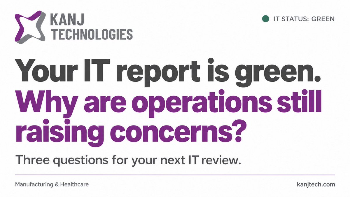 KanjTech's tweet photo. Your IT report is green. Why are operations still raising concerns?

Three questions for your next review:
1. Where does technology slow work down?
2. How often, and with what impact?
3. Who owns the next action?

Bring the working day into the IT discussion. https://t.co/IdR6Lub4Lk