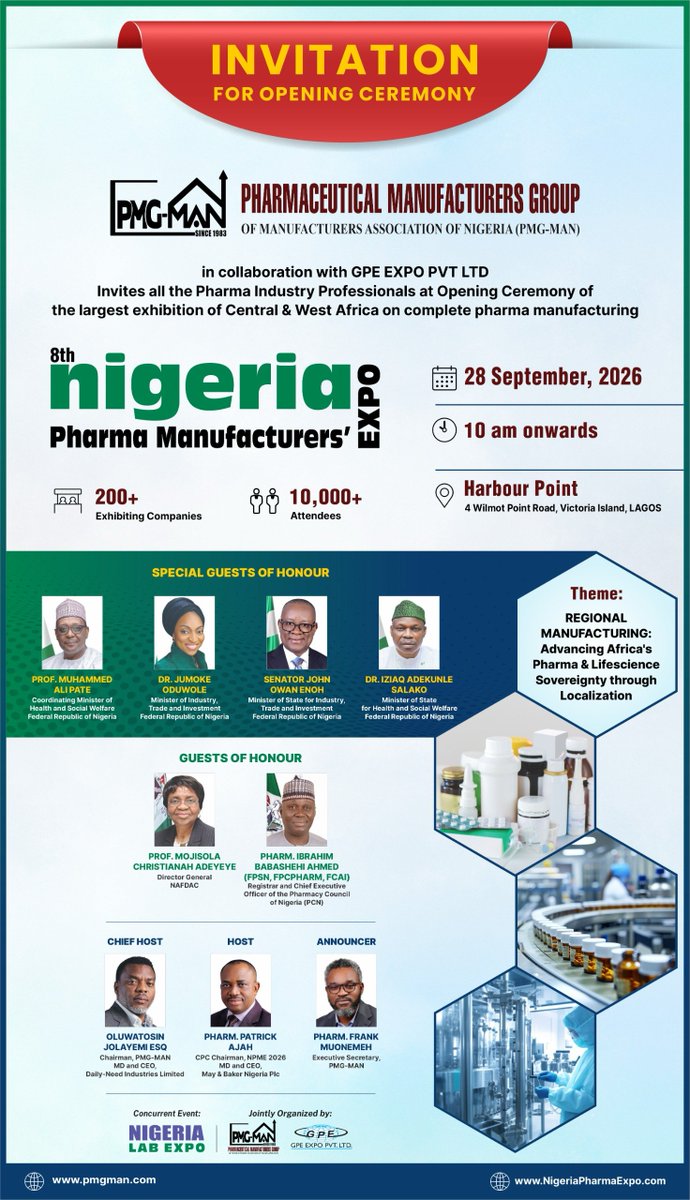 OfficialPMGMAN's tweet photo. 🚨 3 DAYS TO GO!
The 8th Nigeria Pharma Manufacturers Expo 2026 is almost here!
Date: 28th - 29th September, 2026
Venue: Harbour Point Event Centre, Victoria Island, Lagos

Don't miss Nigeria's biggest gathering of pharma manufacturers
Register now - https://t.co/65Io7ABwnj https://t.co/PAC8iKcCiu