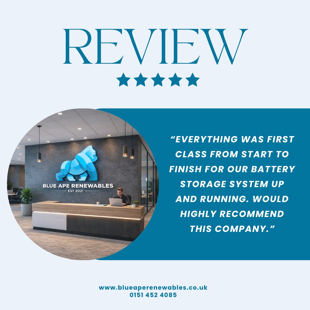BlueApeLtd's tweet photo. Another 5-star review for the team following a battery storage installation.

Great to hear the customer was happy with the service from start to finish.

0151 452 4085

#BatteryStorage #CustomerReview #BlueApeRenewables https://t.co/DxThCAMWnM