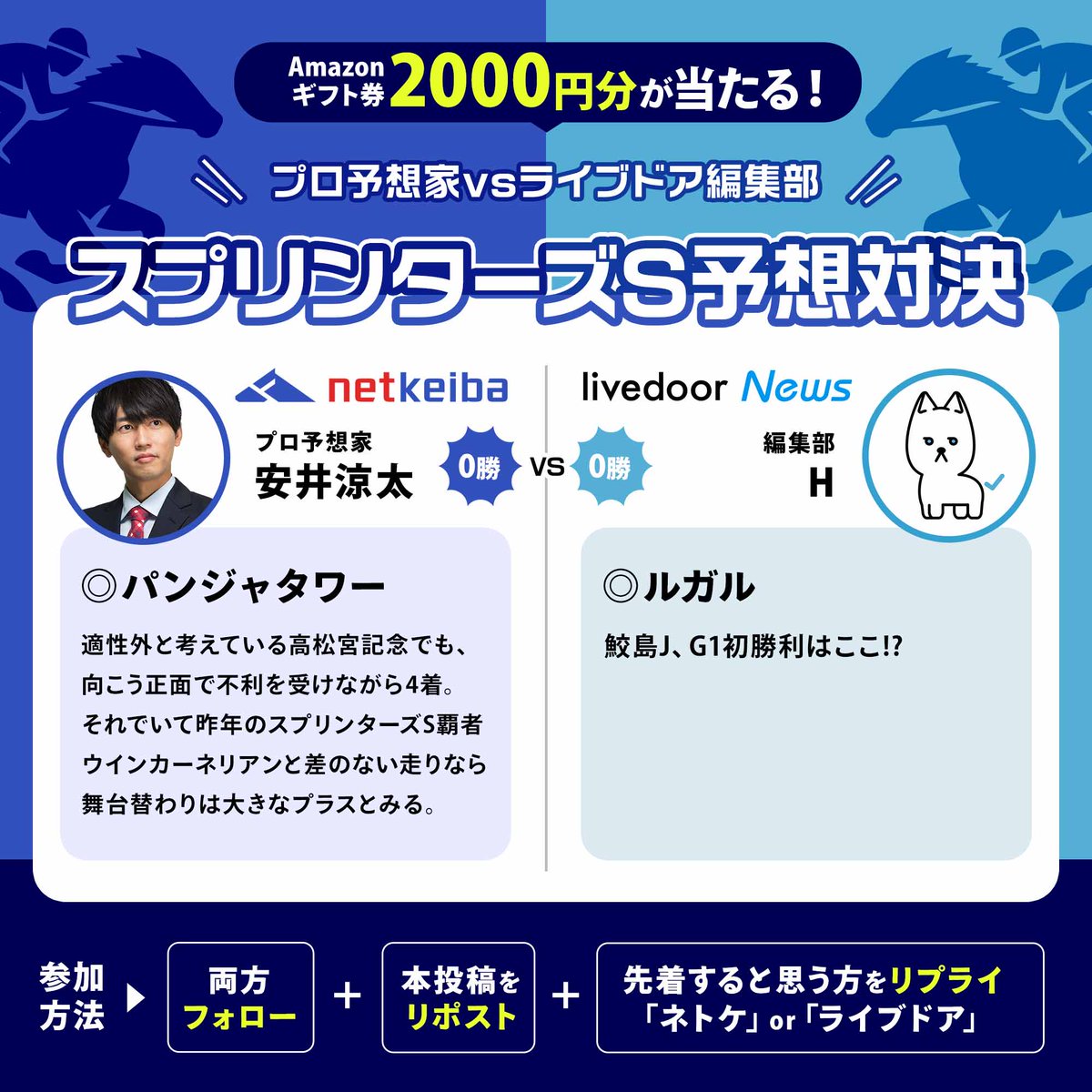 livedoornews's tweet photo. 🏇アマギフ2000円分が抽選で10名に当たる予想対決🎁

初戦はスプリンターズS！
プロ予想家・安井涼太 vs ライブドアニュース編集部H

▼参加方法
① @netkeiba と @livedoornews をフォロー
②本投稿をリポスト
③先着すると思う方を「ネトケ」or「ライブドア」とリプライ

※応募は発走5分前まで