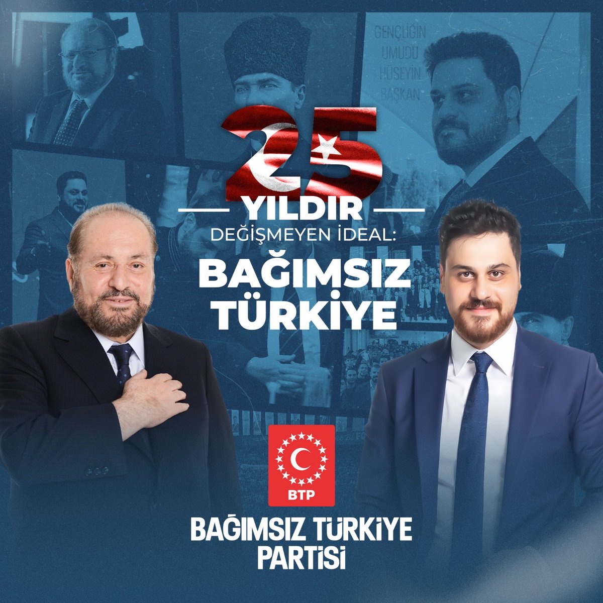 BTP_Parti's tweet photo. 🇹🇷 25 yıldır değişmeyen ideal: Bağımsız Türkiye

25 Eylül 2001’de Ebedi Liderimiz Prof. Dr. Haydar Baş’ın öncülüğünde kurulan Bağımsız Türkiye Partisi, 25 yıldır Türkiye’nin kendi kaynaklarına, kendi insanına ve kendi gücüne güvenerek geleceğini kurabileceği anlayışıyla yoluna devam ediyor.

Milli Ekonomi Modeli, üretimi tetikleyen tüketim, ekonomik bağımsızlık, milli irade ve güçlü Türkiye anlayışıyla başlayan bu mücadele, bugün Genel Başkanımız Hüseyin Baş liderliğinde yeni nesillerle buluşuyor.

Köklerinden güç alan, fakat yüzünü geleceğe dönen bir anlayışla; gençleriyle, teşkilatlarıyla ve bütün mensuplarıyla birlik içinde daha güçlü bir Türkiye için çalışıyoruz.

Çünkü bizim için Türkiye; milletin bütün fertlerinin aynı vatan, aynı bayrak ve aynı gelecek etrafında buluştuğu; güçlü, adil ve bağımsız bir ülkedir.

Bir parti…
Bir fikir…
Bir mücadele…

25 yıldır değişmeyen hedef: BAĞIMSIZ TÜRKİYE. 🇹🇷

İstikbal biziz.
Biz geleceğiz.