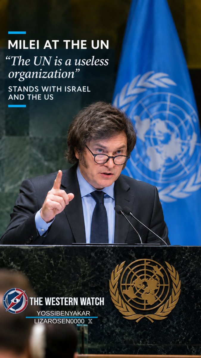 YossiBenYakar's tweet photo. Milei stood at the UN and called it a useless organization run by fatally arrogant parasites.

He said the so-called human rights defenders sheltered regimes that stone women in the street, voted against Israel again and again, and stayed silent on Islamic terrorism and the genocide of Christians in Africa. He condemned the Iranian regime's attacks on Israel and said Argentina stands unambiguously with the United States and Israel. More leaders should have the guts to say this from that podium