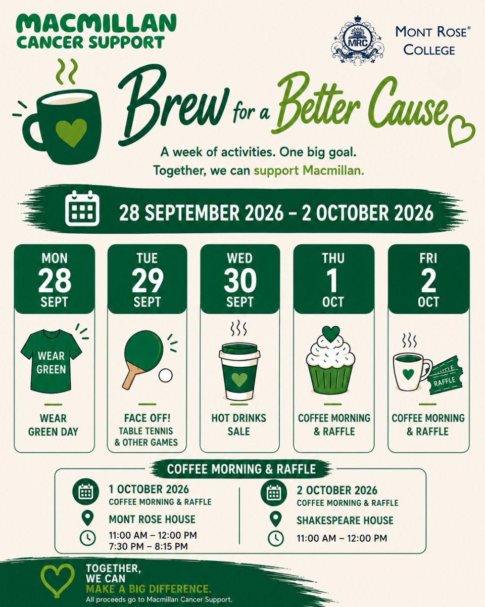 montroselondon's tweet photo. Brew for a Better Cause βπ
Join #MRCβs @macmillancancer fundraising week, 28 Sept to 2 Oct: wear green, play games and enjoy coffee mornings and raffles. See the poster for times.
All proceeds go to Macmillan Cancer Support!
#MontRoseCollege #Macmillan #fundraising #redbridge https://t.co/E7isPKsjr5