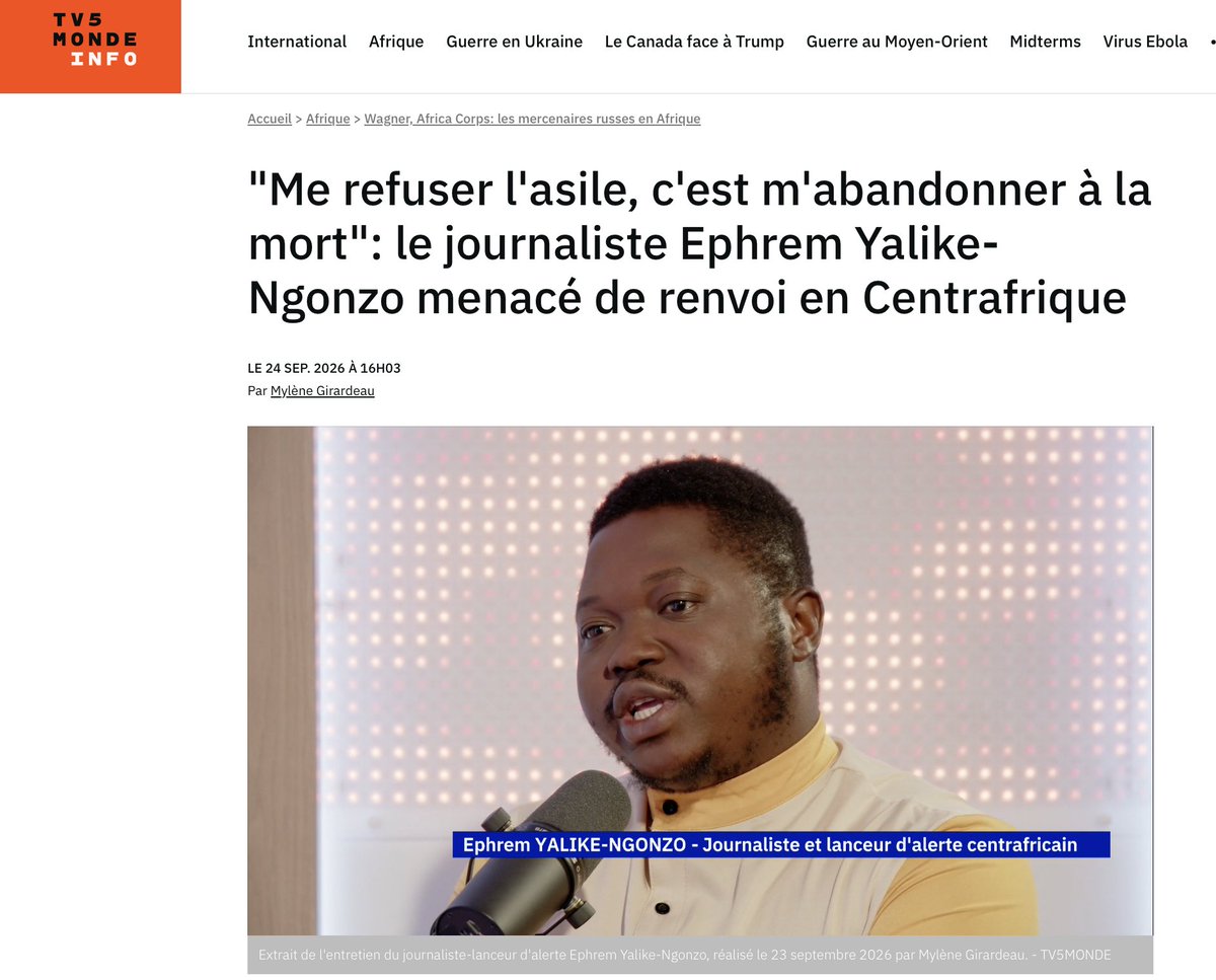 PPLAAF's tweet photo. #RCA 🇨🇫/ #France 🇫🇷 : « Me refuser l’asile, c’est m’abandonner à la mort ».

La France doit protéger le lanceur d'alerte centrafricain Ephrem Yalike-Ngonzo dont la vie serait en jeu s'il devait retourner dans son pays

📹Découvrez son témoignage sur @TV5MONDEINFO  ➡️ https://t.co/YHeRVHf4QF