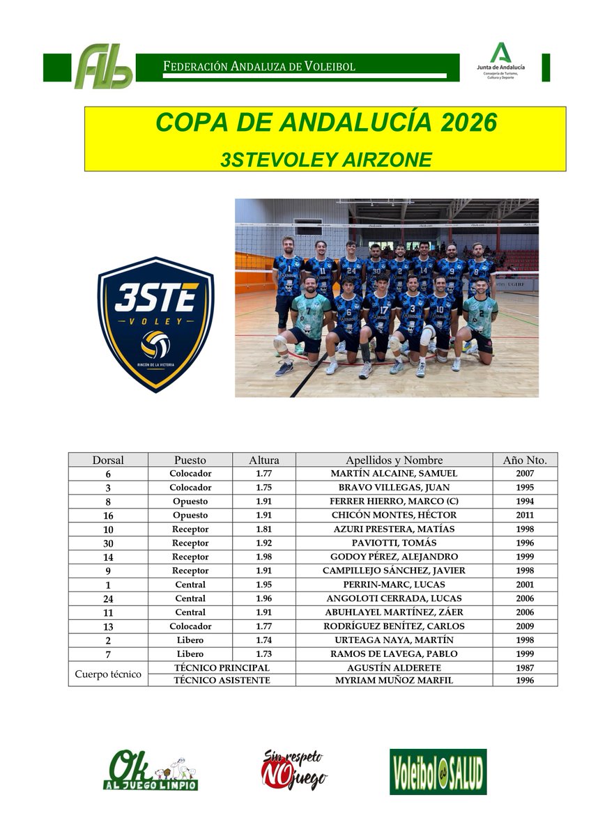 FAVB_'s tweet photo. 🏆 ¡Este domingo llega la gran final de la Copa de Andalucía Masculina 2026! 🏐 

🔥 Unicaja Costa de Almería 🆚 3stevoley se juegan el primer título de la temporada 💪

📋 Conoce a las plantillas de los equipos finalistas👀

📅 Domingo 27 | 🕛 12 h | 📍 Pabellón Municipal Níjar https://t.co/A2TB9sAqQS