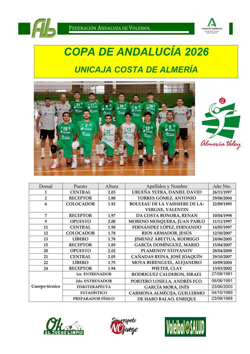 FAVB_'s tweet photo. 🏆 ¡Este domingo llega la gran final de la Copa de Andalucía Masculina 2026! 🏐 

🔥 Unicaja Costa de Almería 🆚 3stevoley se juegan el primer título de la temporada 💪

📋 Conoce a las plantillas de los equipos finalistas👀

📅 Domingo 27 | 🕛 12 h | 📍 Pabellón Municipal Níjar https://t.co/A2TB9sAqQS