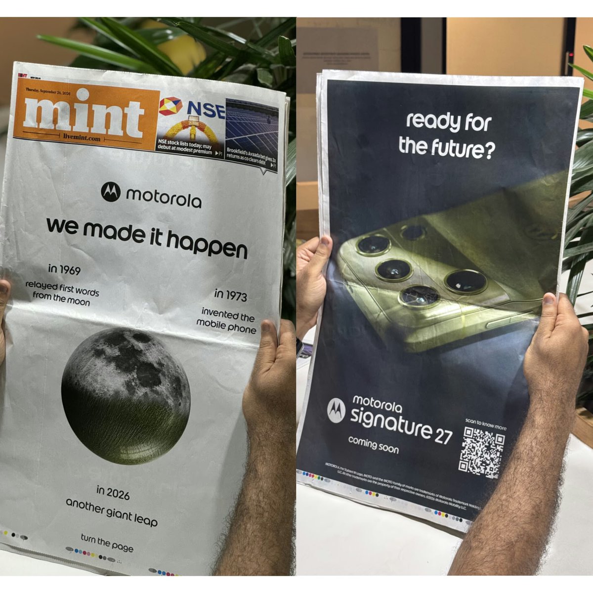 payalf4of's tweet photo. One newspaper, two pages and a whole lot of curiosity.
Motorola made the act of turning the page part of the campaign.
That’s what made the ad stick in my mind.
#MotorolaSignature27 https://t.co/VlUZz3d2zO