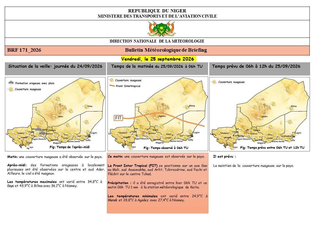 meteo_niger's tweet photo. 📅 Bulletin de Briefing Météo du 25 septembre 2026
⏳Temps prévu entre 06h et 12h TU

Chaîne Whatsapp : https://t.co/e6nnq14Lyh
Facebook : https://t.co/ay582IzUVW
Site Météo : https://t.co/OeeKjlXK8a

🇳🇪Météo Niger : Restez informés pour mieux vous protéger.
#Météo #Niger #Climat https://t.co/VMQcpBfzKc
