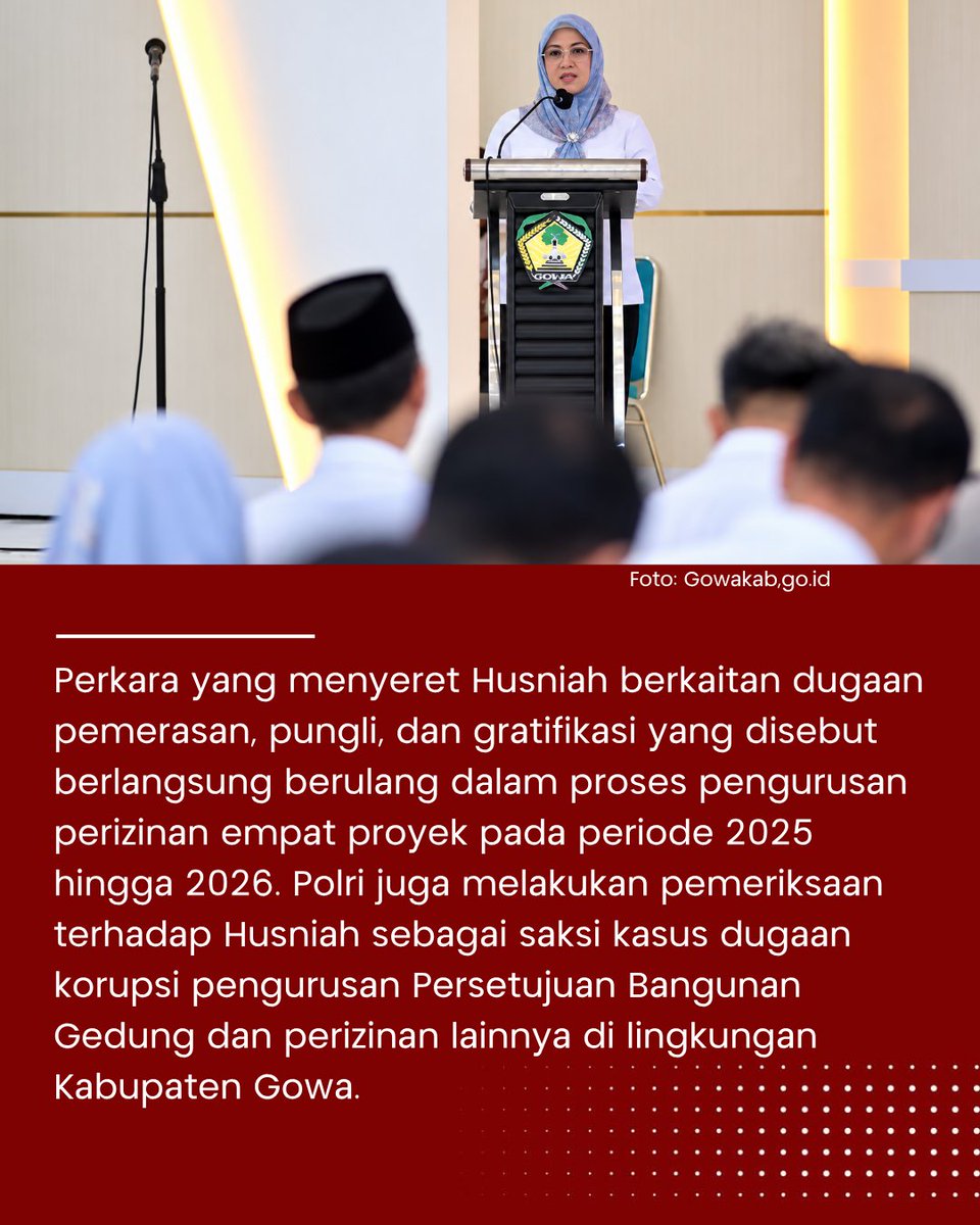 SINDOnews's tweet photo. Bupati Gowa Sitti Husniah Talenrang ditetapkan sebagai tersangka oleh Kortas Tipikor Polri dalam perkara dugaan pemerasan dan Tindak Pidana Pencucian Uang (TPPU), Jumat (25/9/2026).

Dalam perkara ini, Polri menjerat Sitti Husniah dijerat dengan Pasal 12 huruf e dan/atau Pasal 12B Undang-Undang Pemberantasan Tindak Pidana Korupsi, juncto Pasal 20 huruf c dan Pasal 126 KUHP Nasional. Tim penyidik juga menerapkan Pasal 607 ayat (1) huruf a KUHP Nasional terkait dugaan tindak pidana pencucian uang.

https://t.co/Si6wmuHCNo

#BupatiGowa #SittiHusniahTalenrang #KortasTipikor #TPPU #KasusKorupsi #Sindonews
