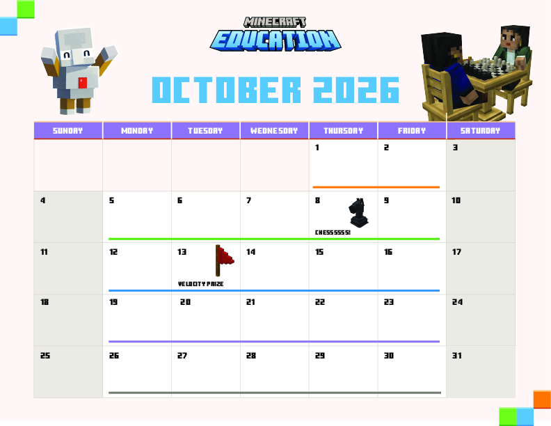 PlayCraftLearn's tweet photo. No tricks, just treats for your October lesson plans. 🎃⛏️

We’ve crept together this month’s Minecraft Education events so you don’t have to go digging for them.

📅 Download the October calendar, save the dates, and get ready for a frightfully fun month of learning!

https://t.co/6OnKOhJb9m