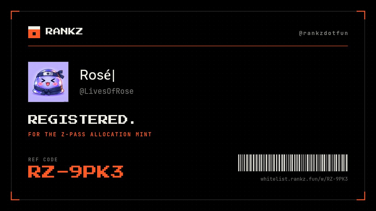 LivesOfRose's tweet photo. Registered for the free Z-Pass mint at @rankzdotfun.

My code: RZ-9PK3
Use my link and we both get a ticket: https://t.co/ZPan2nd874 https://t.co/Z44LT5fd9W