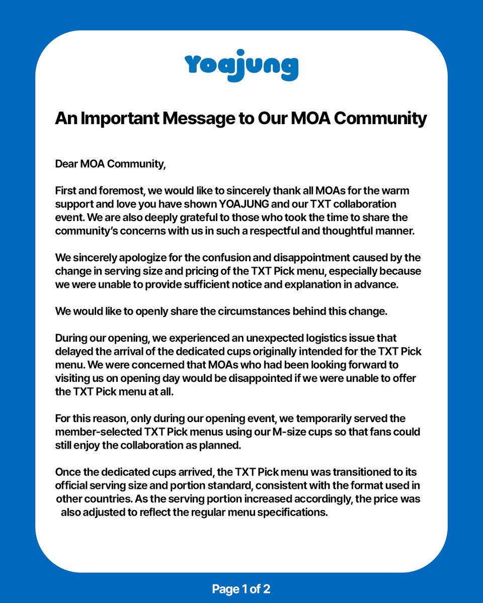 bampdnim's tweet photo. Official statement from Yoajung Philippines regarding the pricing and serving changes for the TXT Pick menu 📄🔍 https://t.co/nYeEtWTlqJ