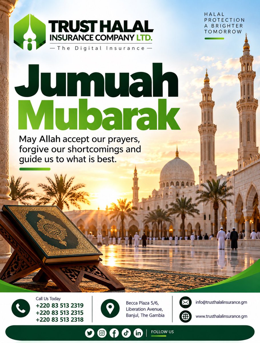 TrustHalalICL's tweet photo. Jumu’ah Mubarak from Trust Halal Insurance Company Ltd. 

May Allah accept our prayers, forgive our shortcomings,bless our families,and guide us towards what is good and beneficial.
L

Trust Halal Insurance Company Ltd.
The Digital Insurance
Halal Protection. A Brighter Tomorrow. https://t.co/tRwvHxDDHB
