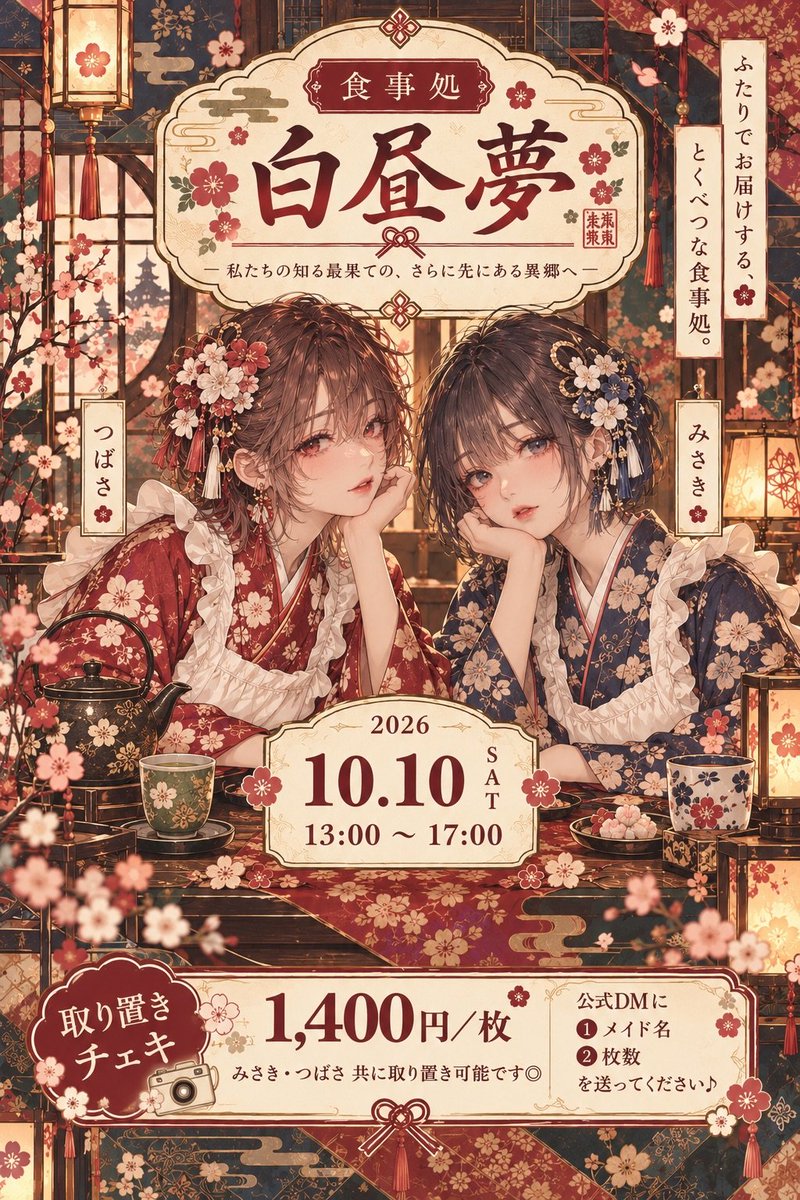 misaki_saihate's tweet photo. 【お知らせ】

10/10(土)13-17
お昼営業にてお食事処を開店します🌸

つばささんと一緒に和装でおもてなしをさせていただきます！

プチイベントなのでお気軽に足を運んでいただけたら嬉しいです！ https://t.co/oFEzINzHvY