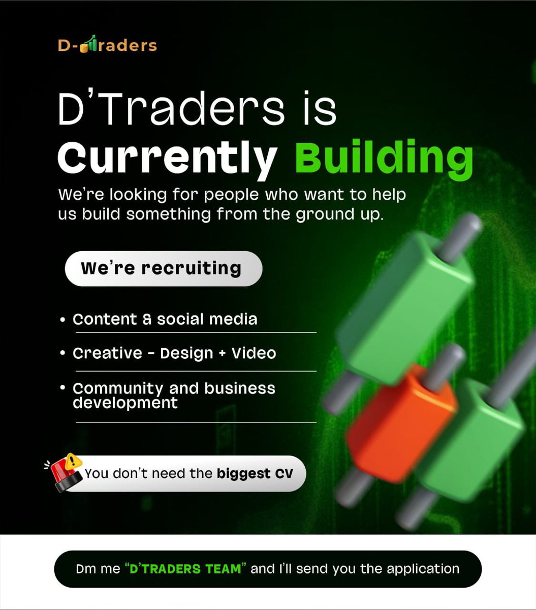 Henry_D_Trader's tweet photo. I'm building D’Traders.

But I don't want to build it alone.

The vision is bigger than a trading page.

I want D’Traders to become a serious financial education and trading brand built around:

• Profitability
• Psychology
• Risk management
• Discipline
• Community
• Media
• Financial opportunities

So I'm looking for the first people who want to build it with me.

We're recruiting for 3 founding-team roles:

1. Content & Social Media

Help turn ideas into content and grow the D’Traders audience.

2. Creative — Design & Video

Help shape how D’Traders looks, feels and communicates visually.

3. Community & Business Development

Help build relationships, grow our community and create opportunities.

I'm not looking for perfect CVs.

I'm looking for builders.

People who take initiative.

People who learn.

People who execute.

People who want to be part of something from the beginning.

There's a defined 30-day trial period, with the potential for more formal and paid opportunities as D’Traders grows.

If you want to build:

Apply → https://t.co/J2OYLpjbK4

D’Traders.
Empowering the Next Generation of Traders.