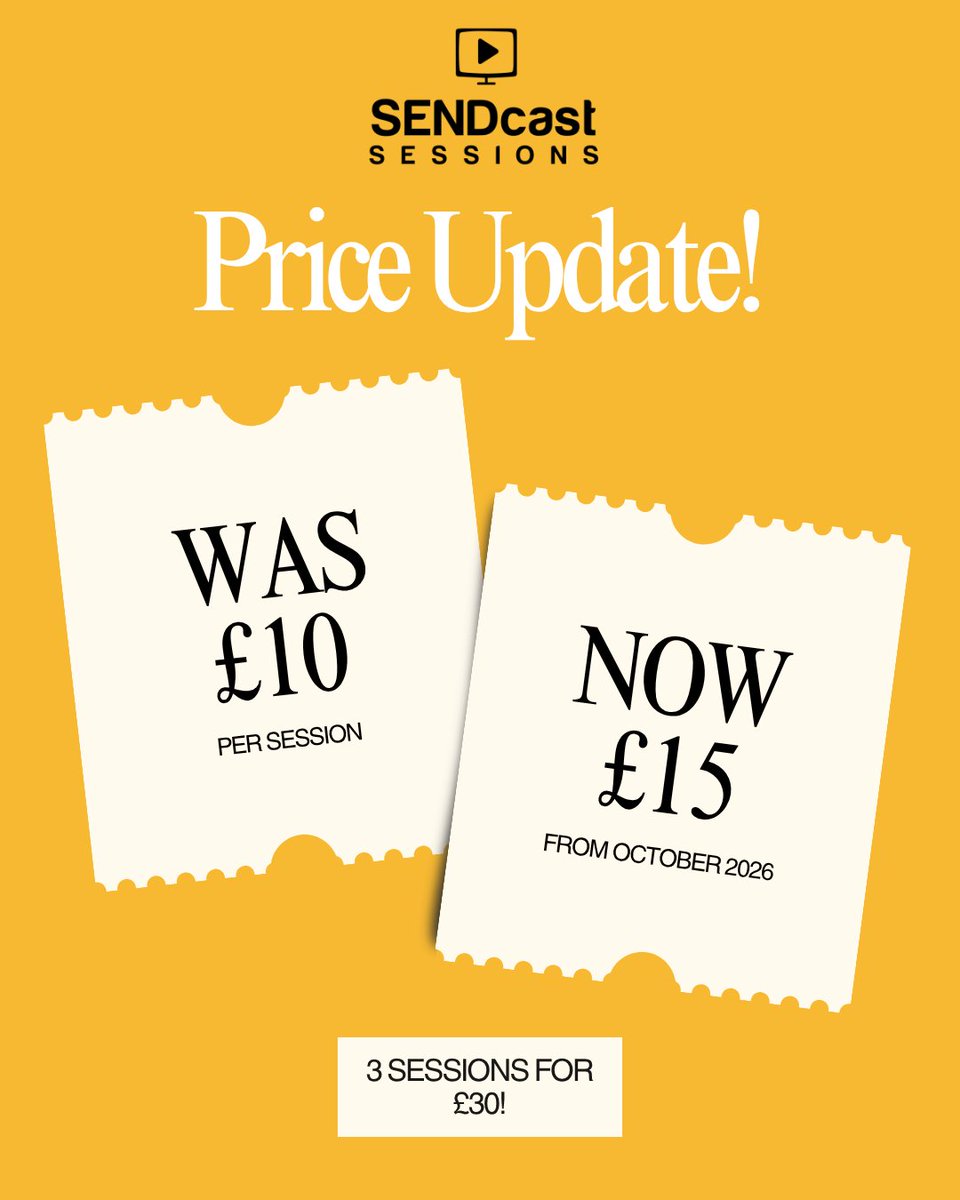 theSENDcast's tweet photo. Important announcement!  📢 SENDcast Sessions pricing update - from 1st October all sessions will be £15 each. This is the first time we've increased the price in 4 years, and is line with rising costs - but still represents excellent value as you can share this training with your whole school and watch as often as you like! 🙌 If you get in quick, you can secure some amazing sessions for just £10 each here https://t.co/zXpl5N5VR6 #teachersofx #education #cpd