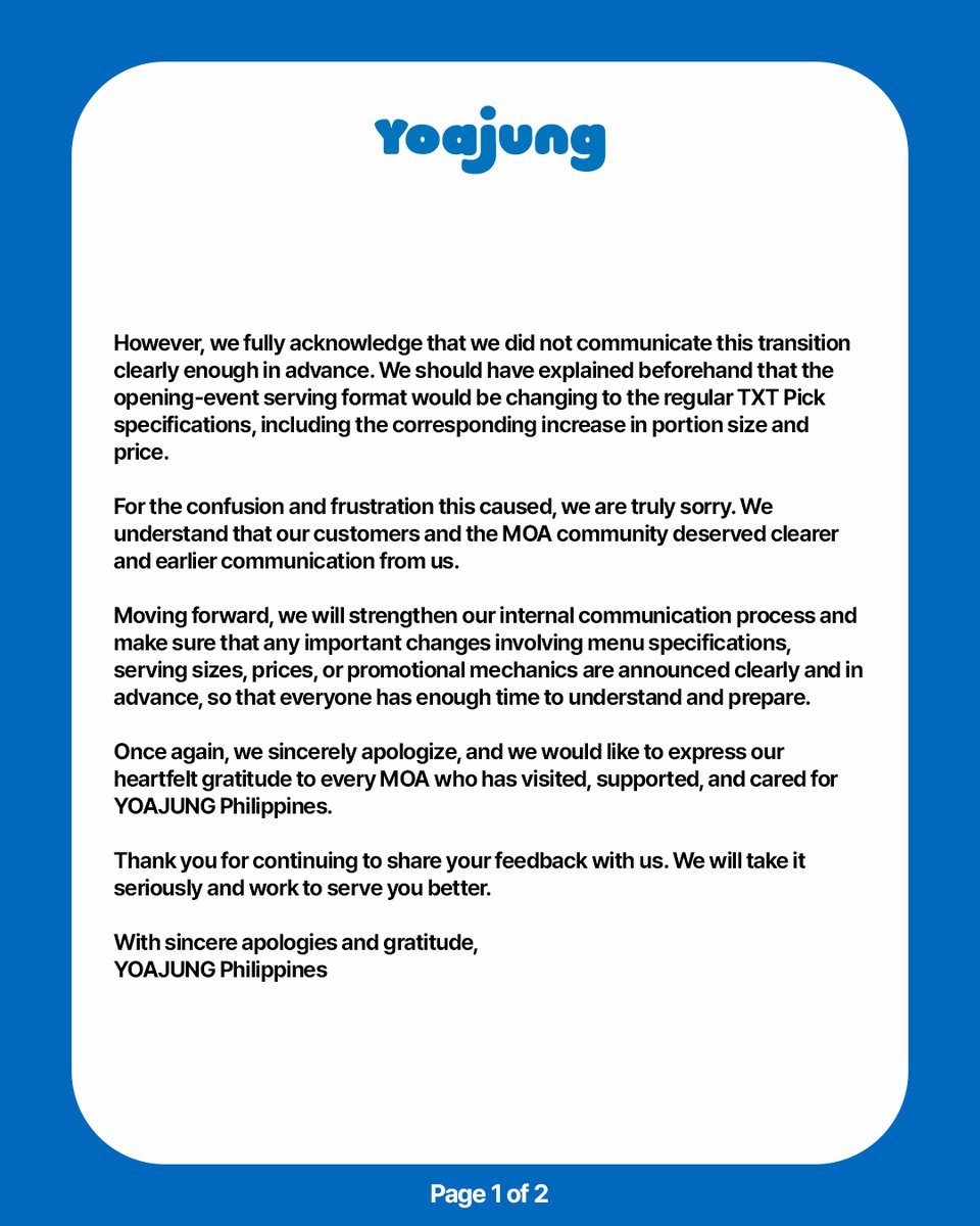 bampdnim's tweet photo. Official statement from Yoajung Philippines regarding the pricing and serving changes for the TXT Pick menu 📄🔍 https://t.co/nYeEtWTlqJ